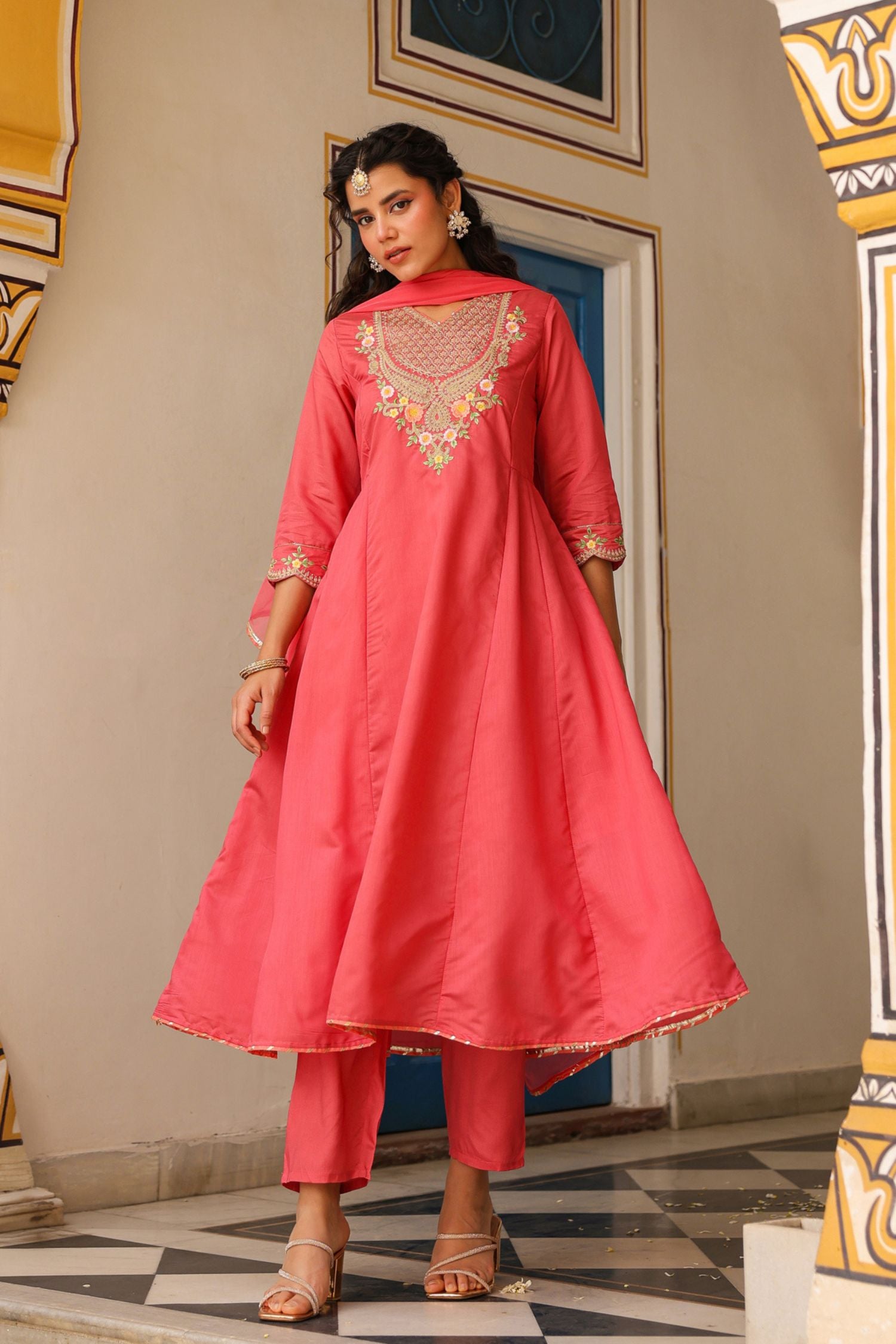 Freyaa Coral Pink Anarkali Kurta Trouser with Dupatta Set