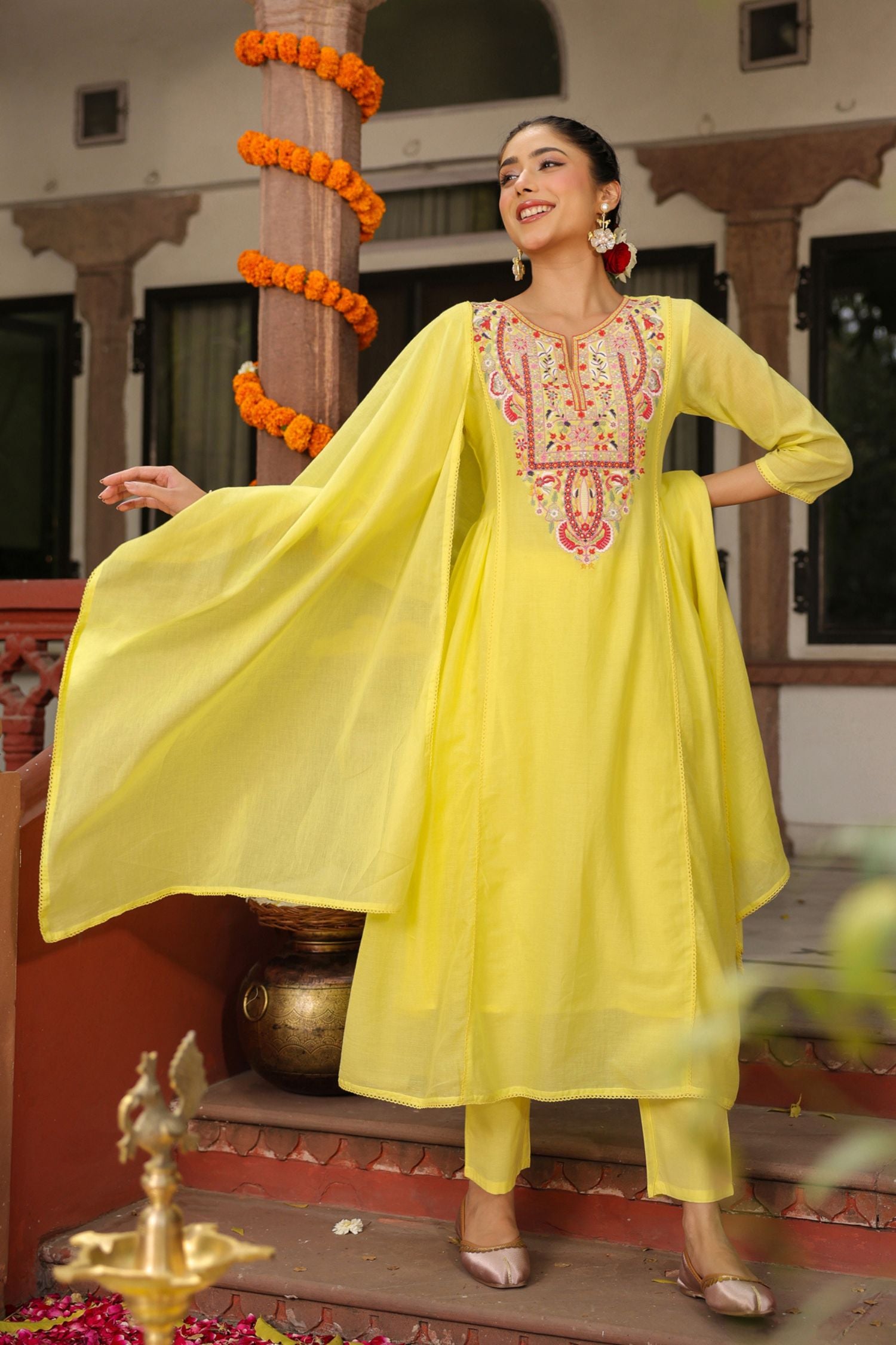 Freyaa Yellow Embroidered cotton Anarkali Suit With Dupatta