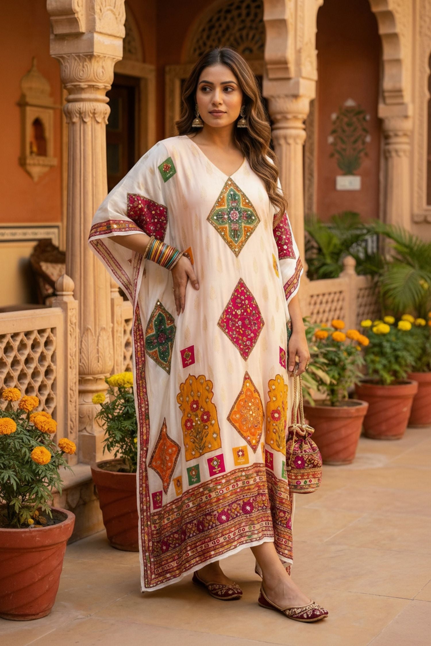 Peach Embroidered Long Kaftan with Delicate Print