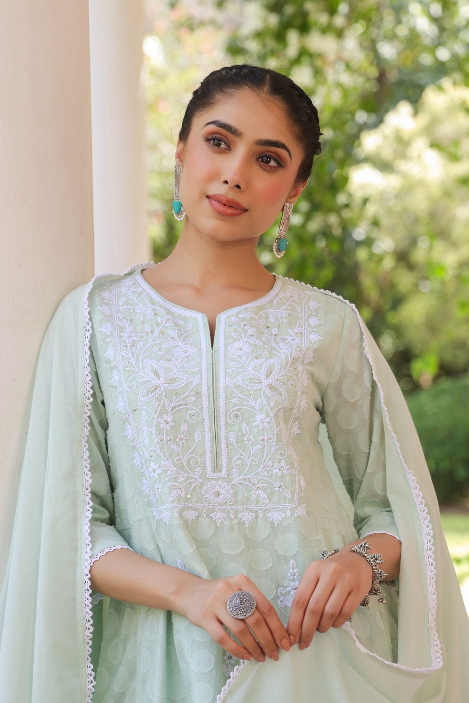 Freyaa Pista Green Self Design Calf-Length Anarkali Cotton Kurta Trouser Dupatta Set