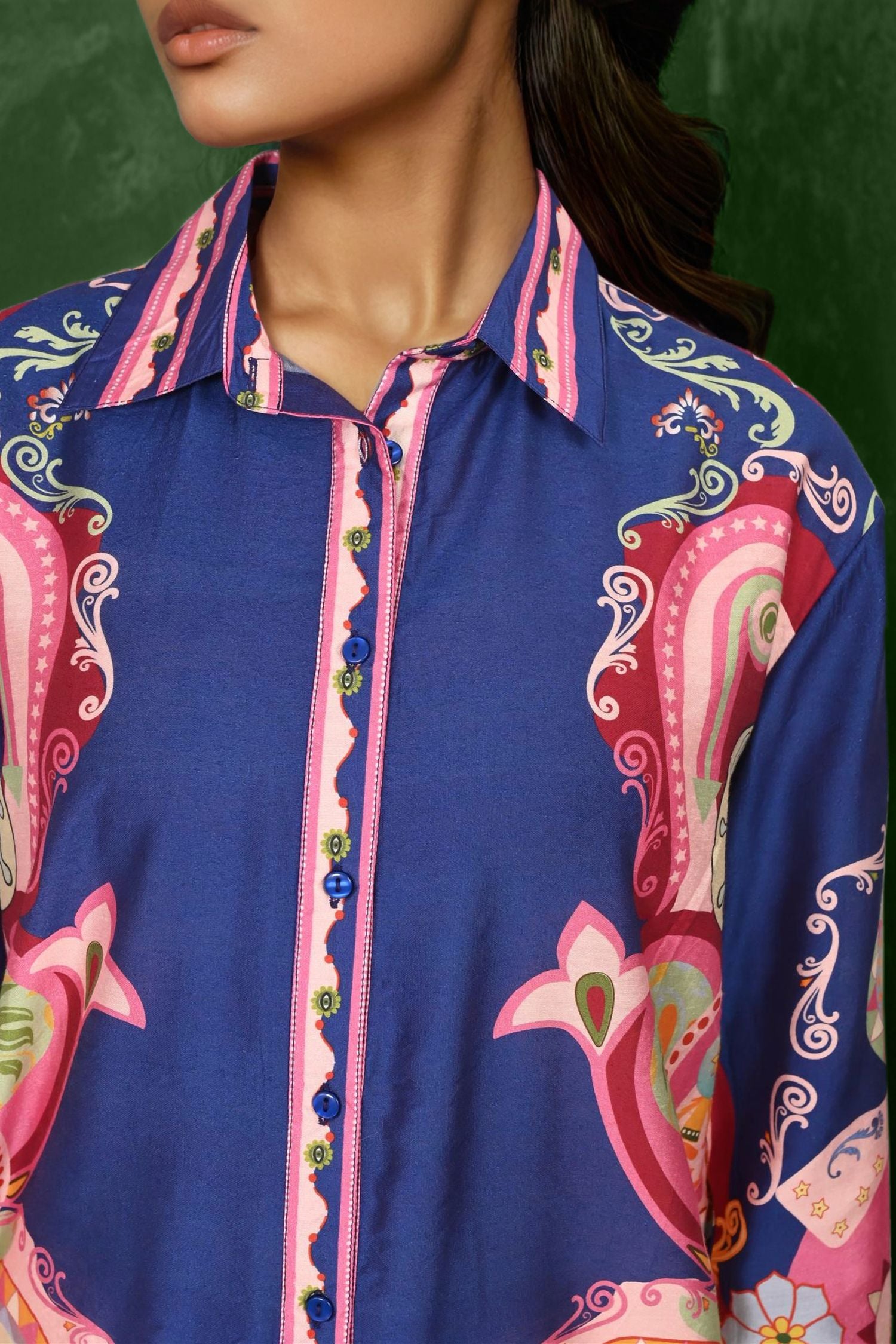 Blue Satin Shirt with Vibrant Printed Accents