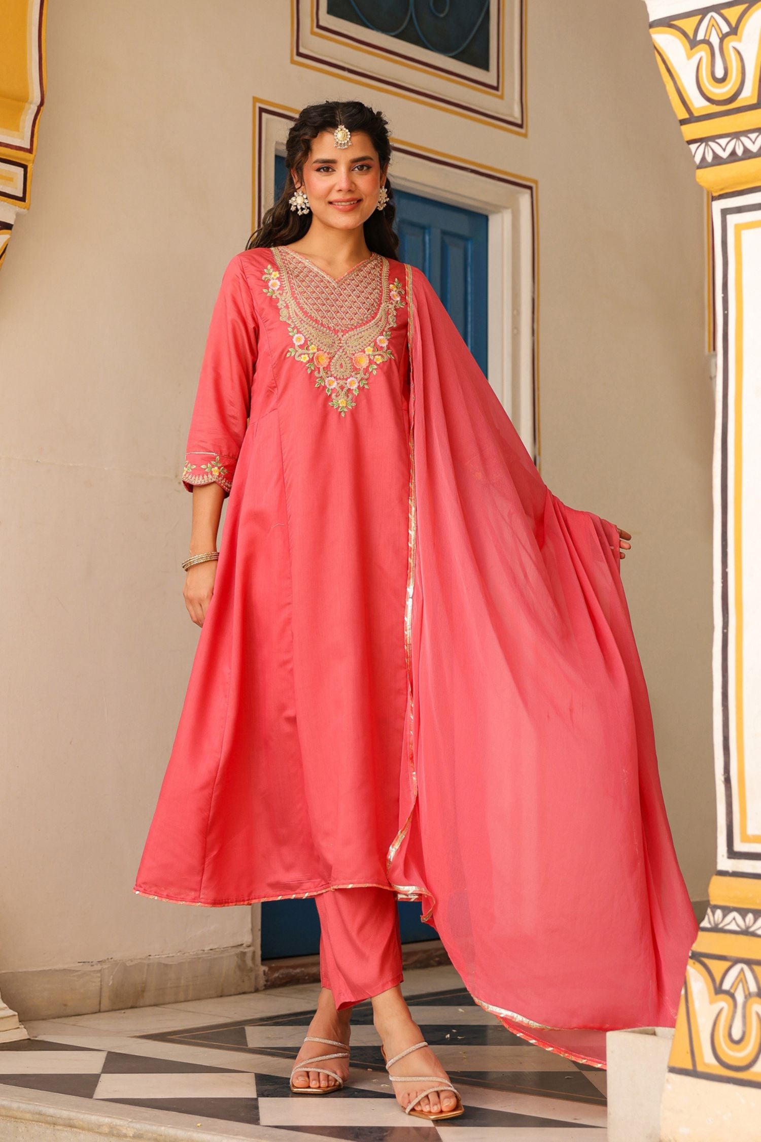 Freyaa Coral Pink Anarkali Kurta Trouser with Dupatta Set