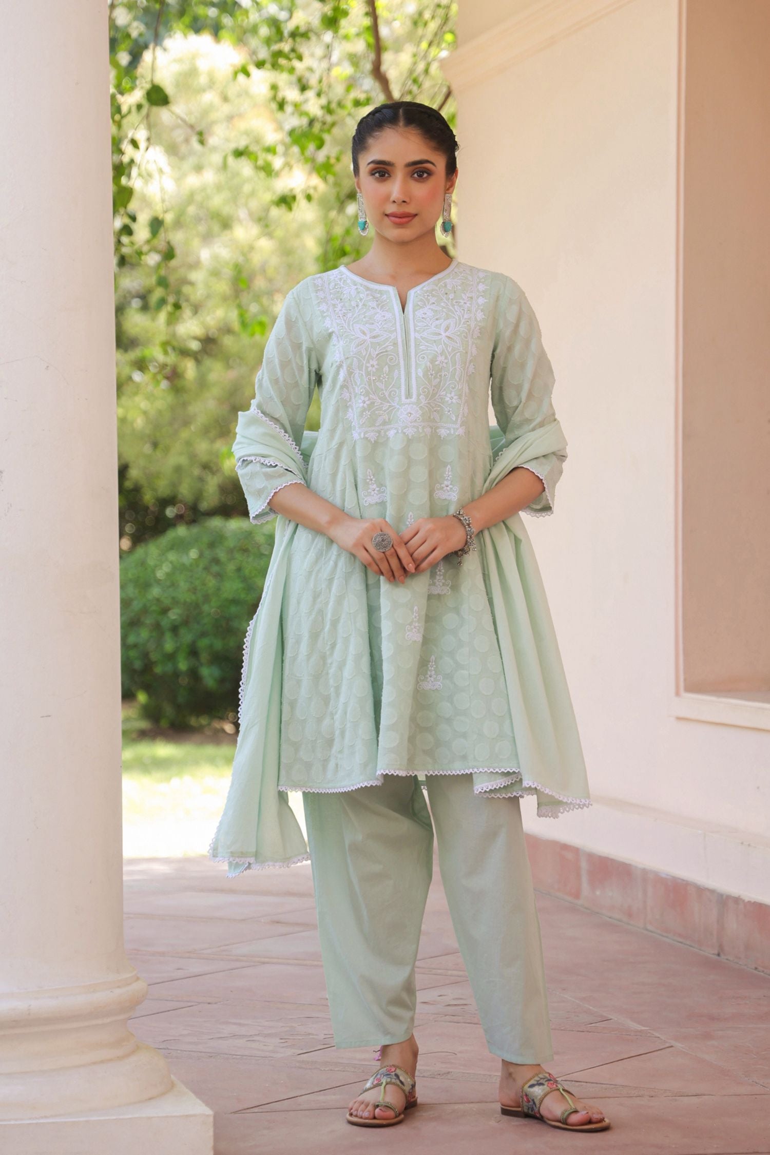 Freyaa Pista Green Self Design Calf-Length Anarkali Cotton Kurta Trouser Dupatta Set