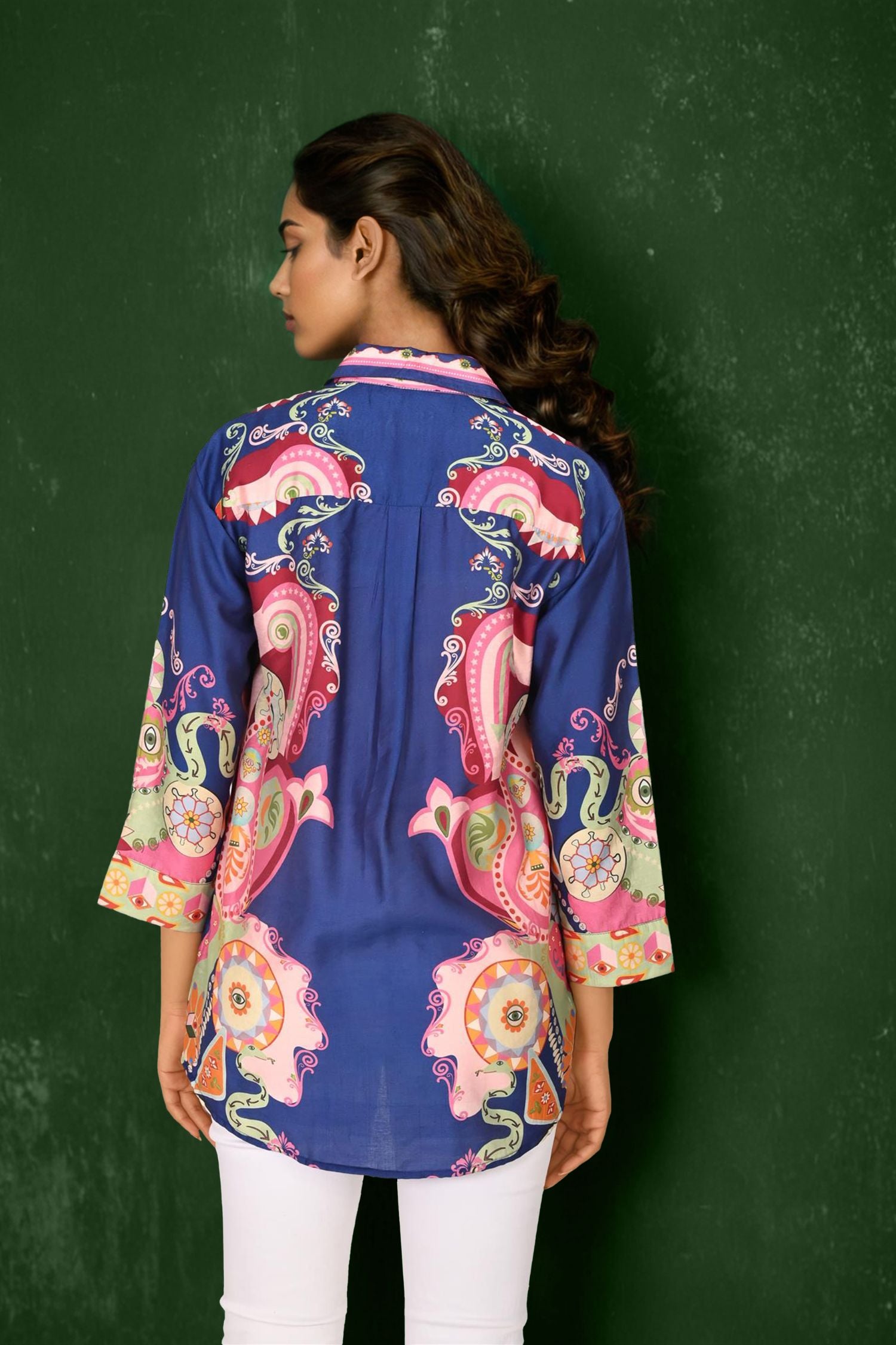 Blue Satin Shirt with Vibrant Printed Accents