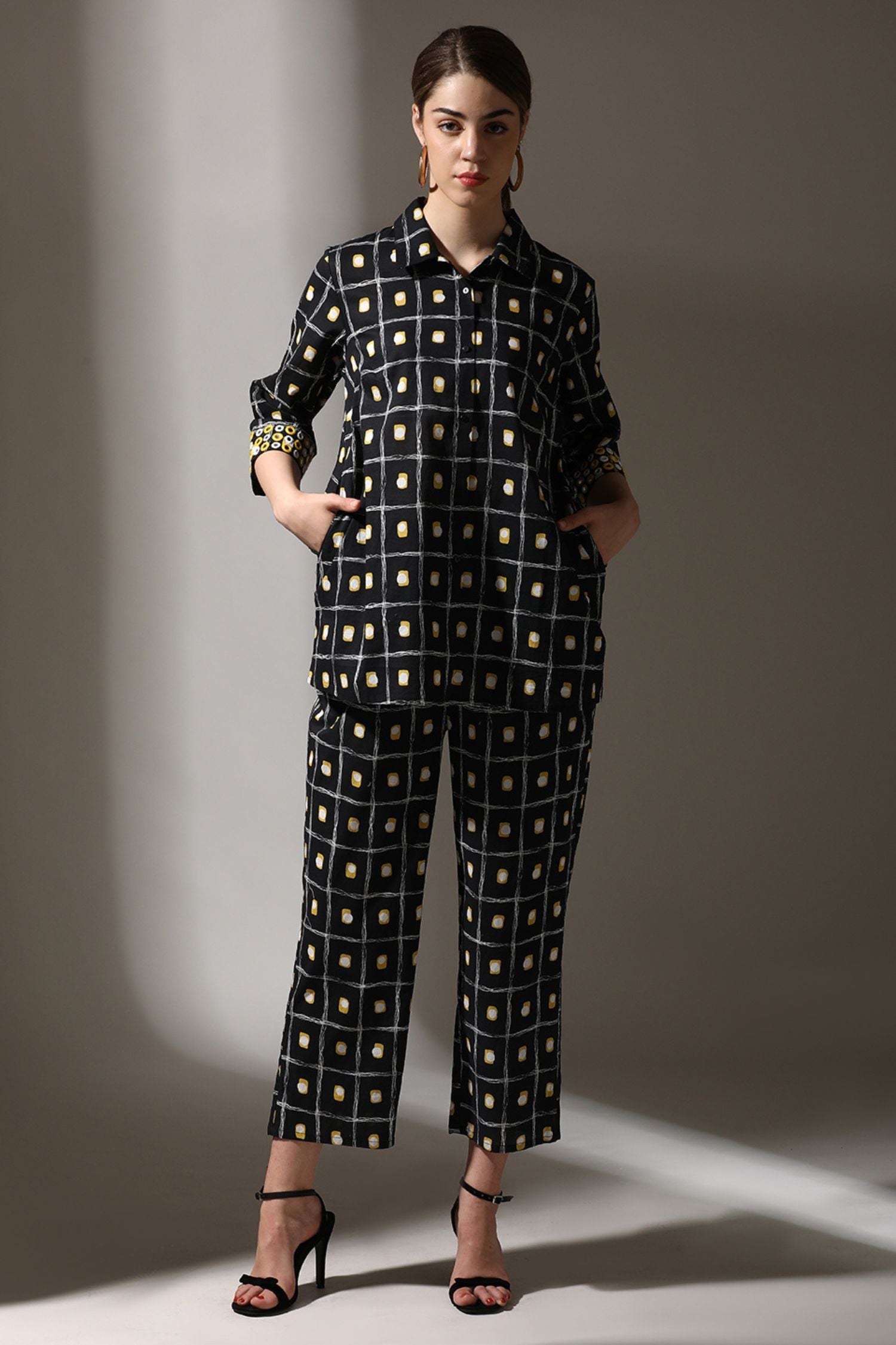 Black Cotton Cord Set in Classic Shirt-Style Pattern