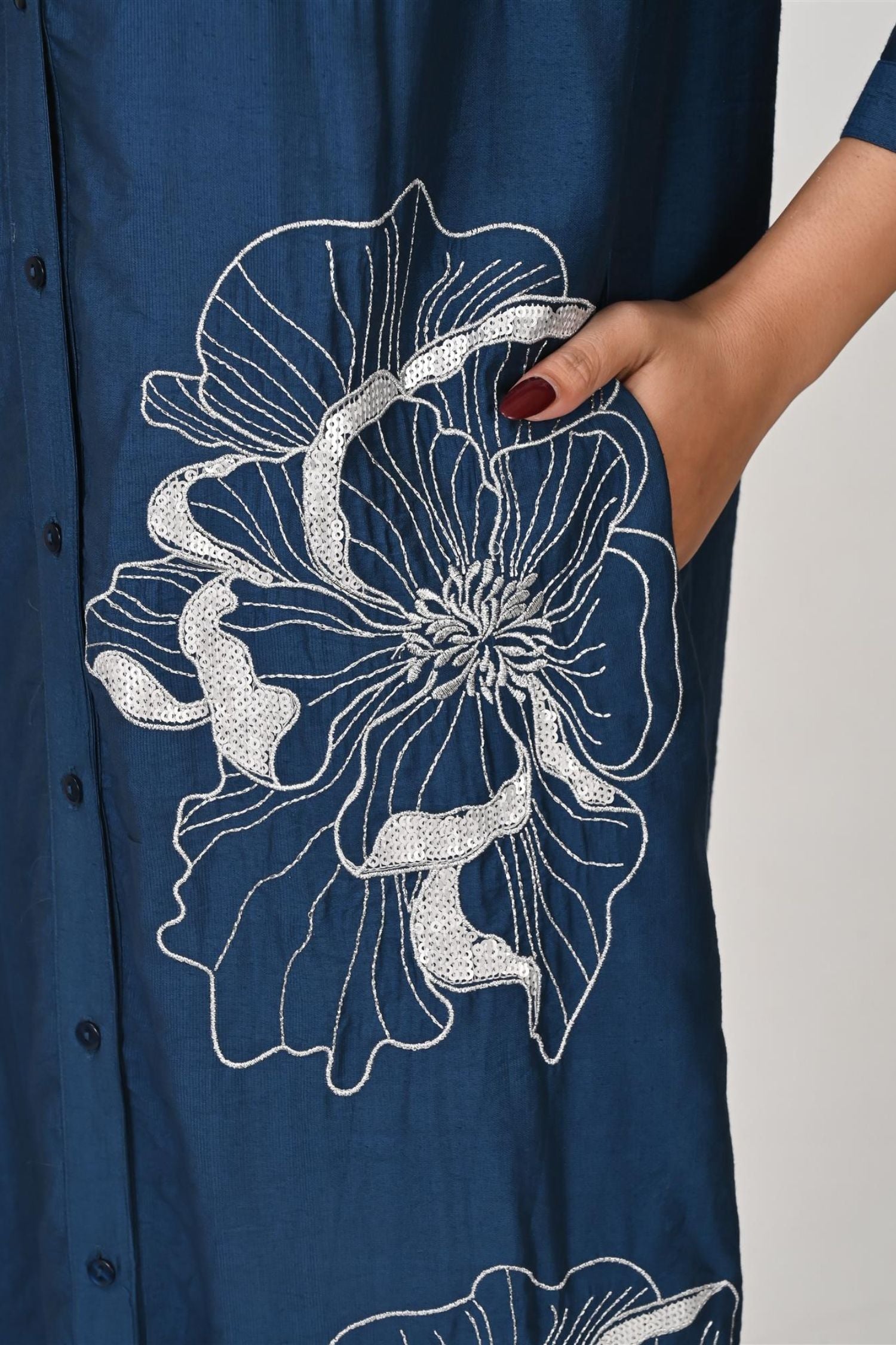 Navy Blue Long Shirt Style Dress with Embroidery