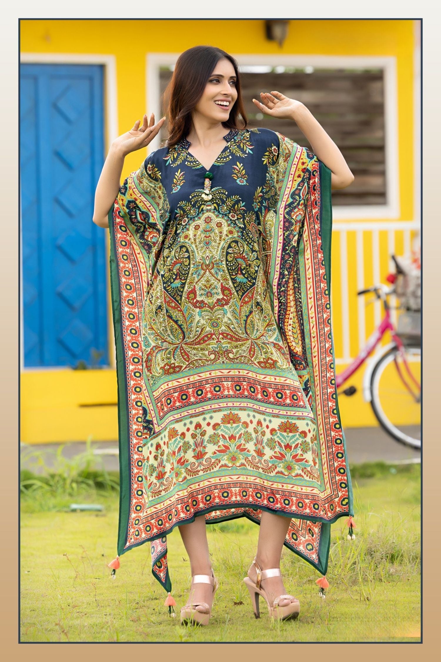 Chic Blue Long Kaftan with Printed Patterns
