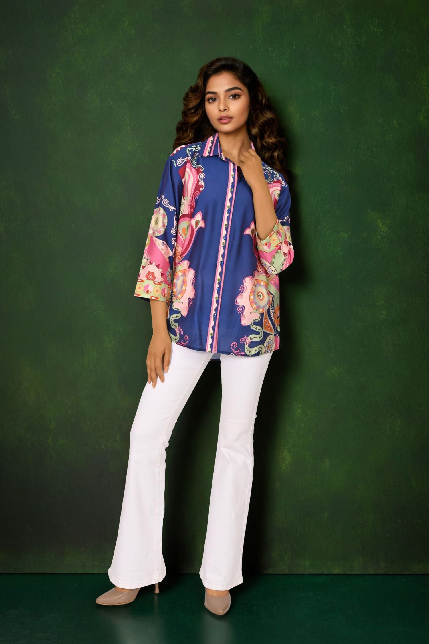 Blue Satin Shirt with Vibrant Printed Accents