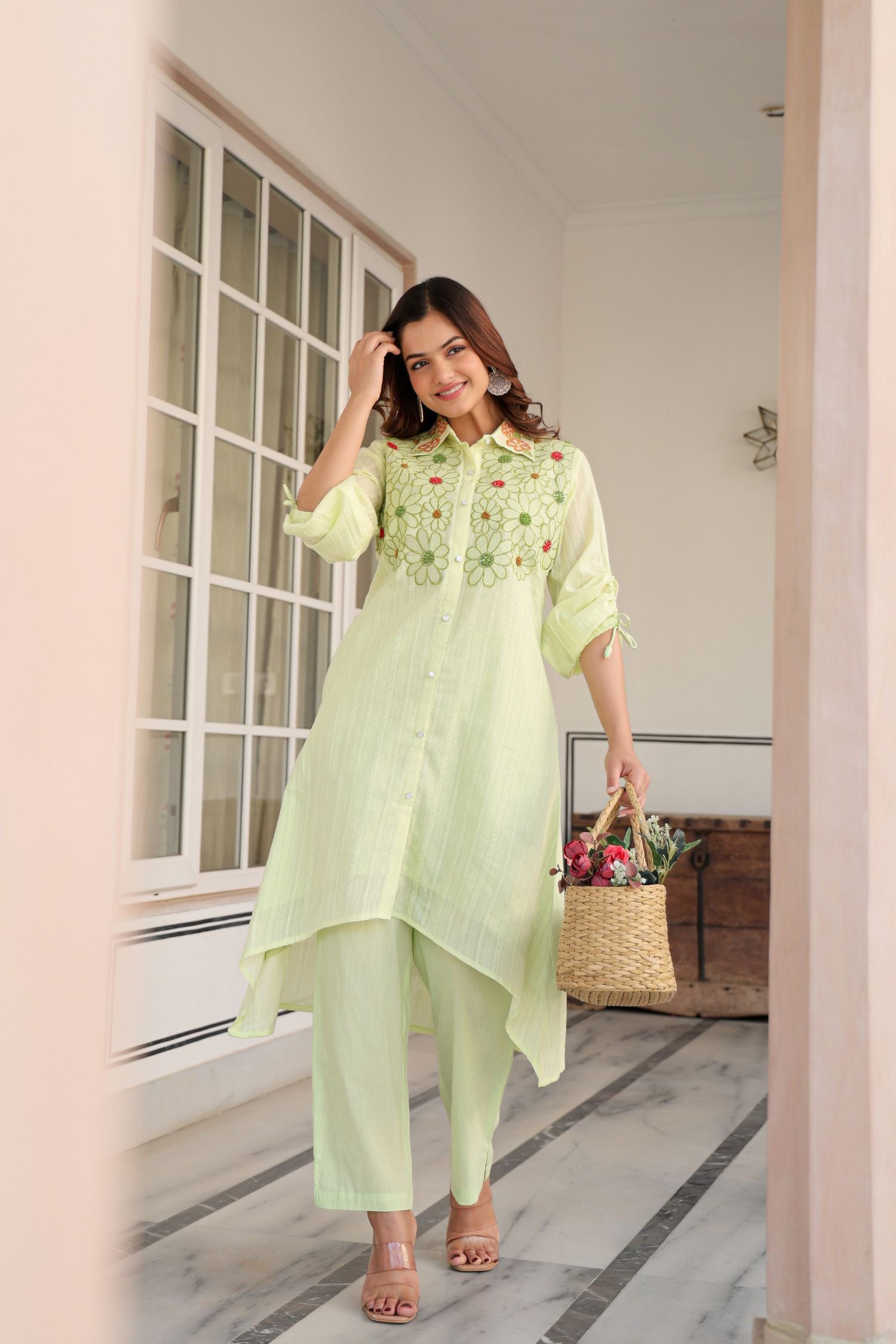 Stylish Pista Green Cord Set with Delicate Collar and Floral Embroidery
