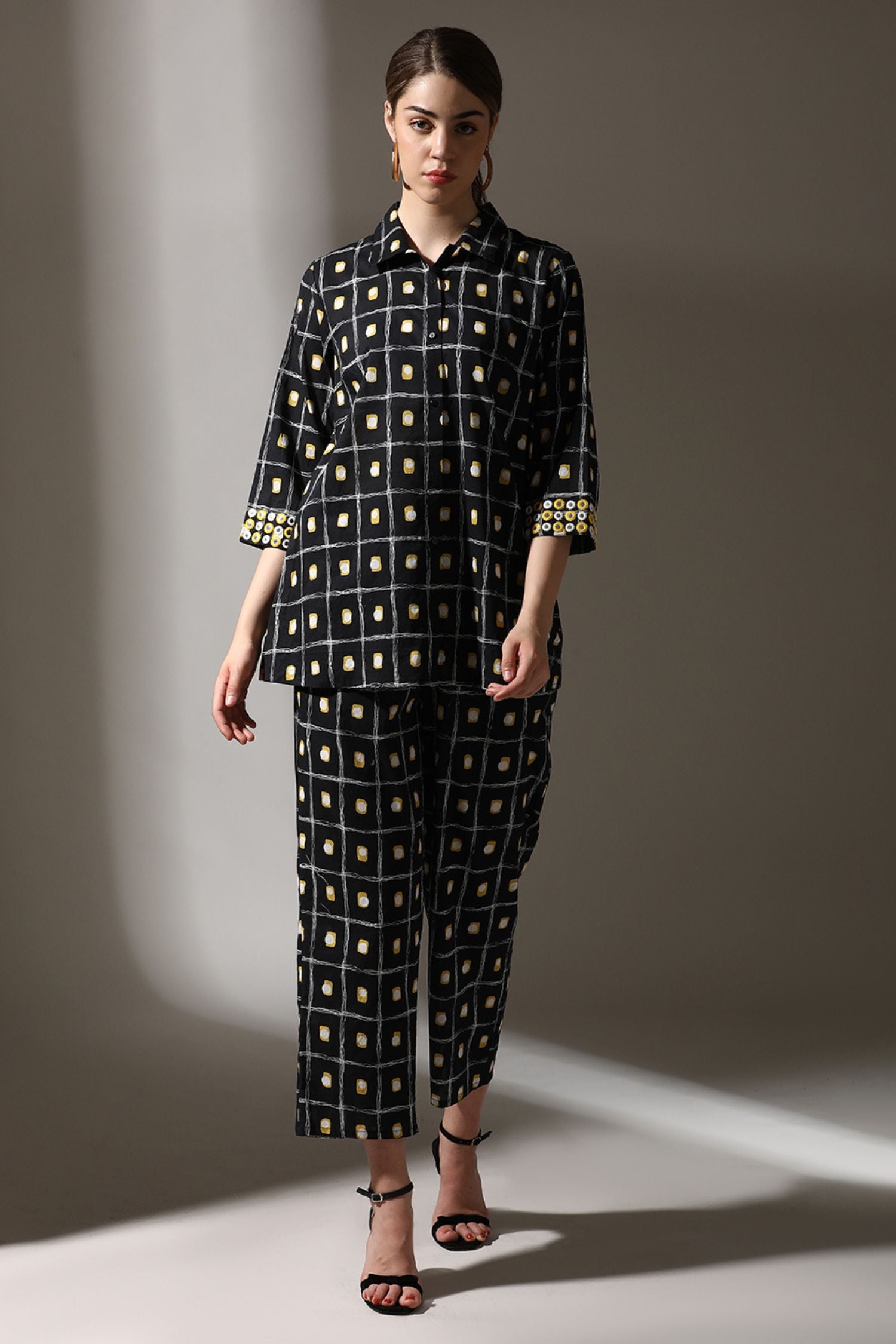 Black Cotton Cord Set in Classic Shirt-Style Pattern