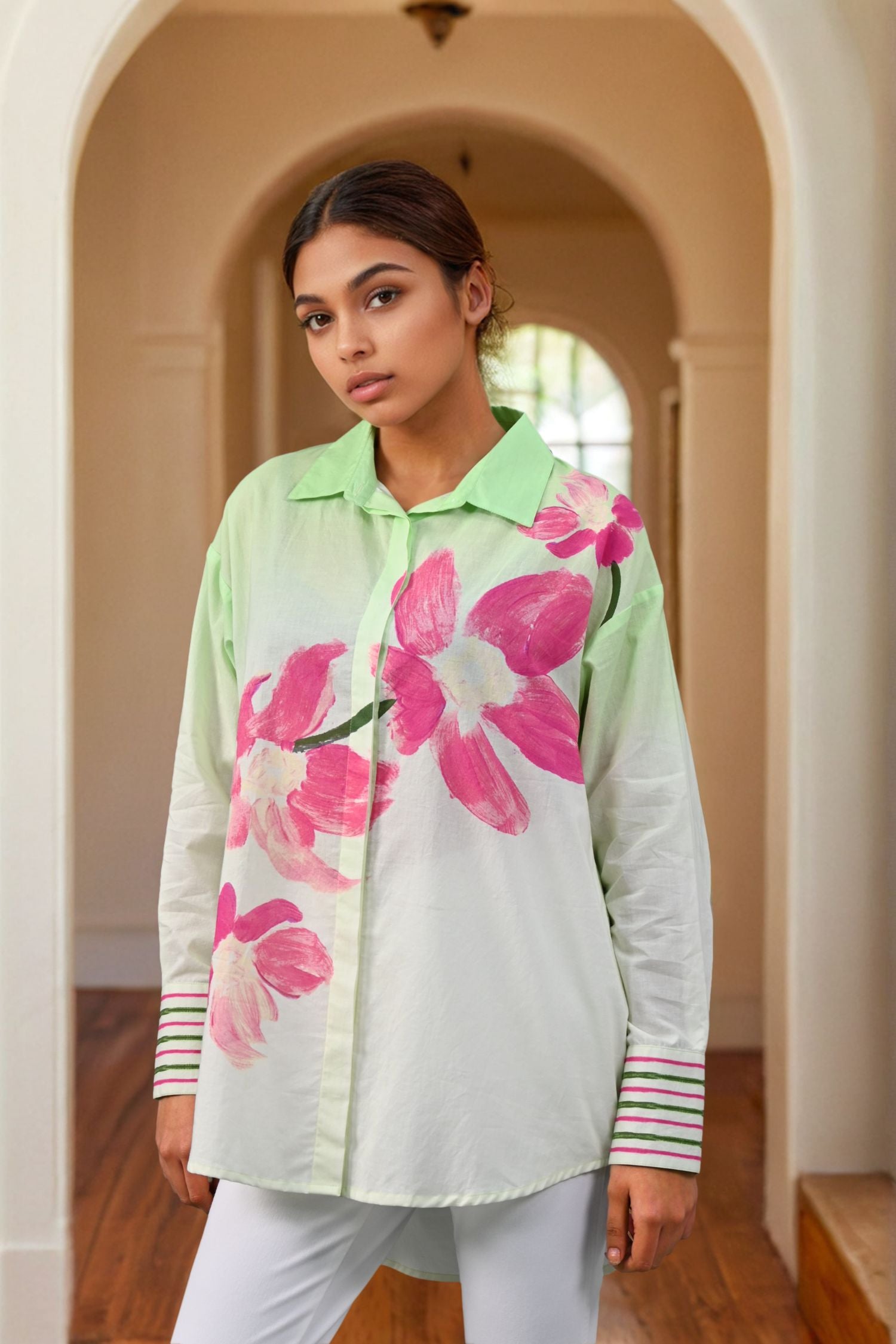 Green Shirt with Floral Design