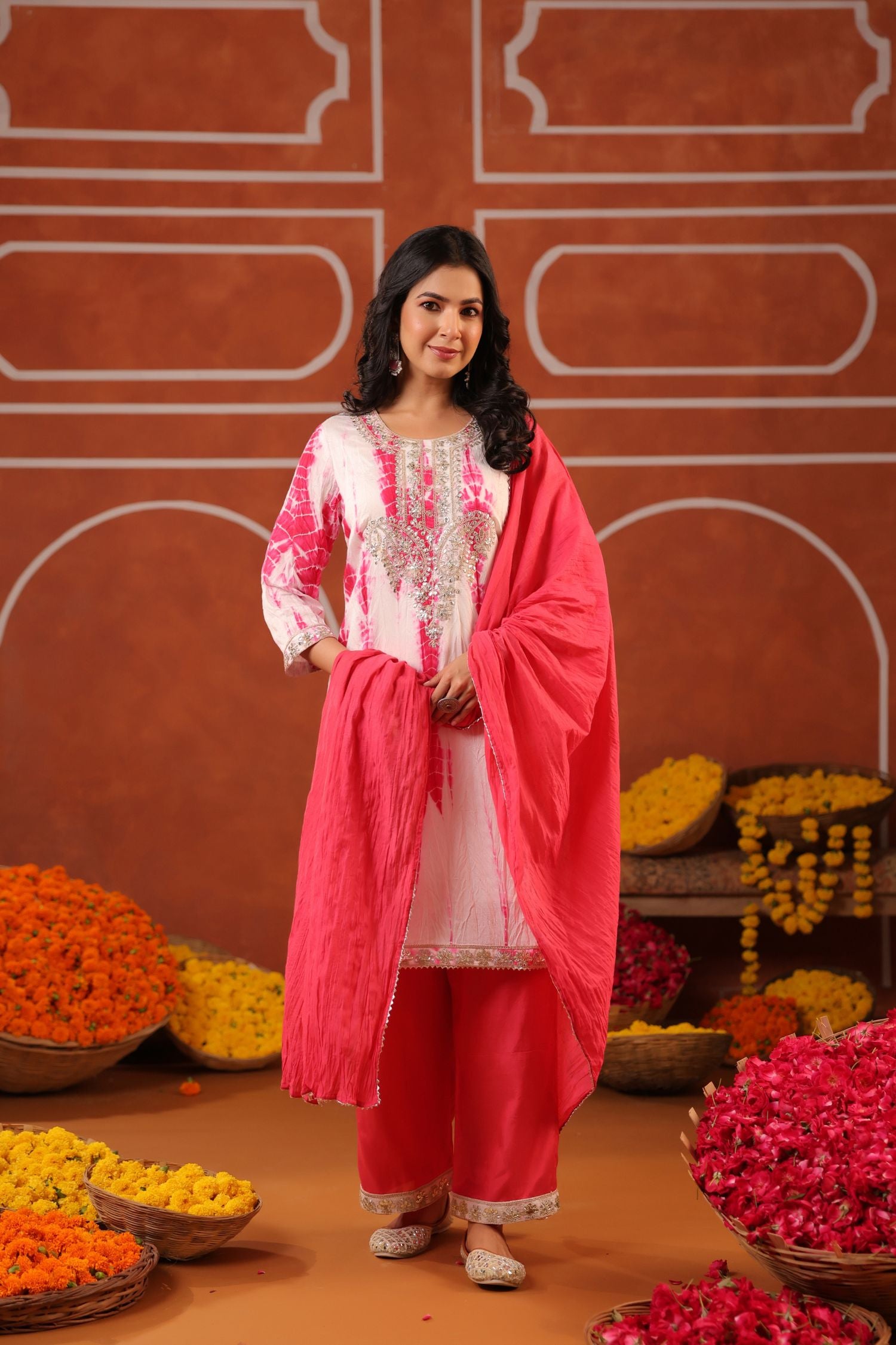 Freyaa Pink Tie-Dye Gotta Patti Embroidered Straight Kurta Trouser Dupatta Set