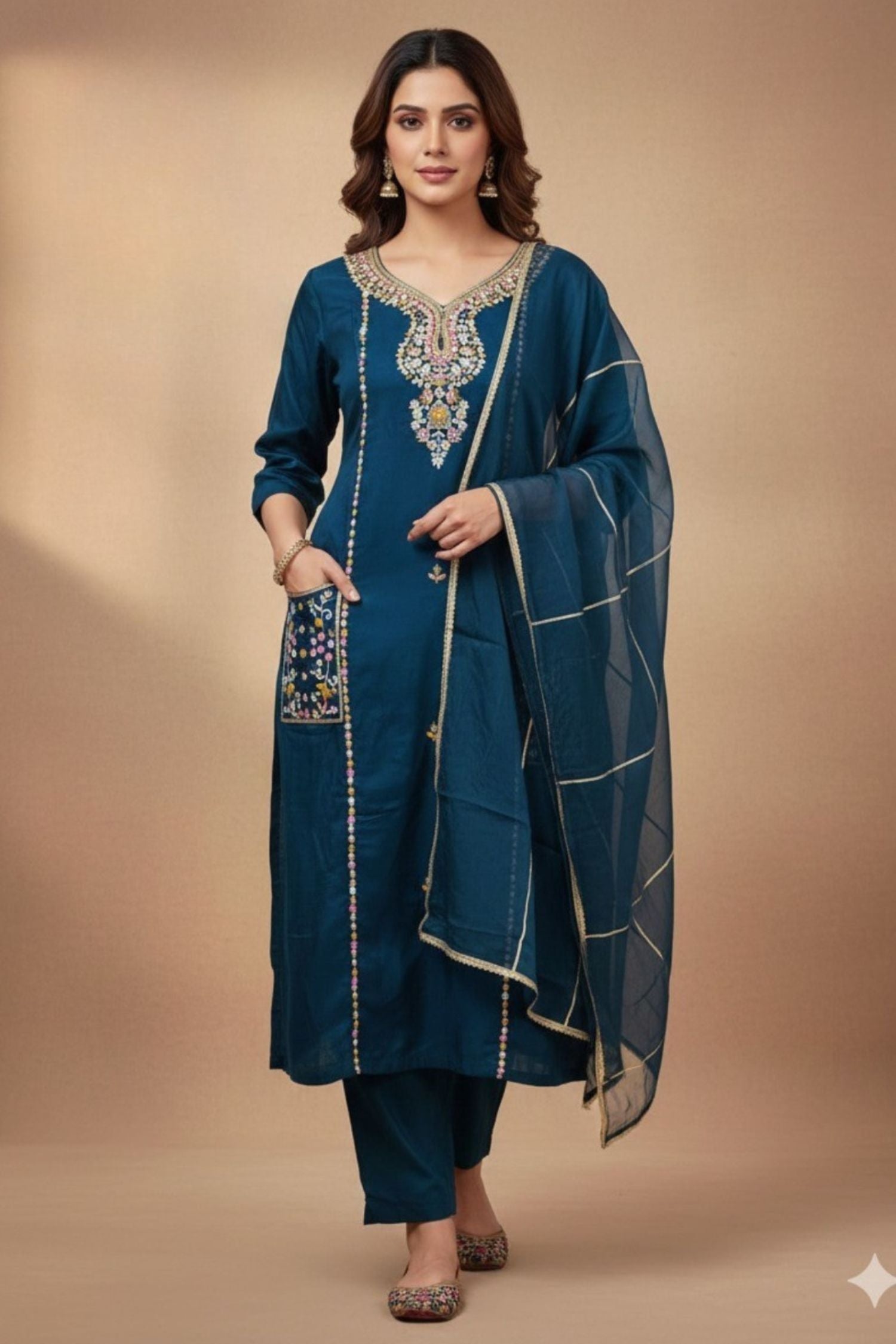 Blue Straight-Cut Three-Piece Set with Heavy Neck Embroidery