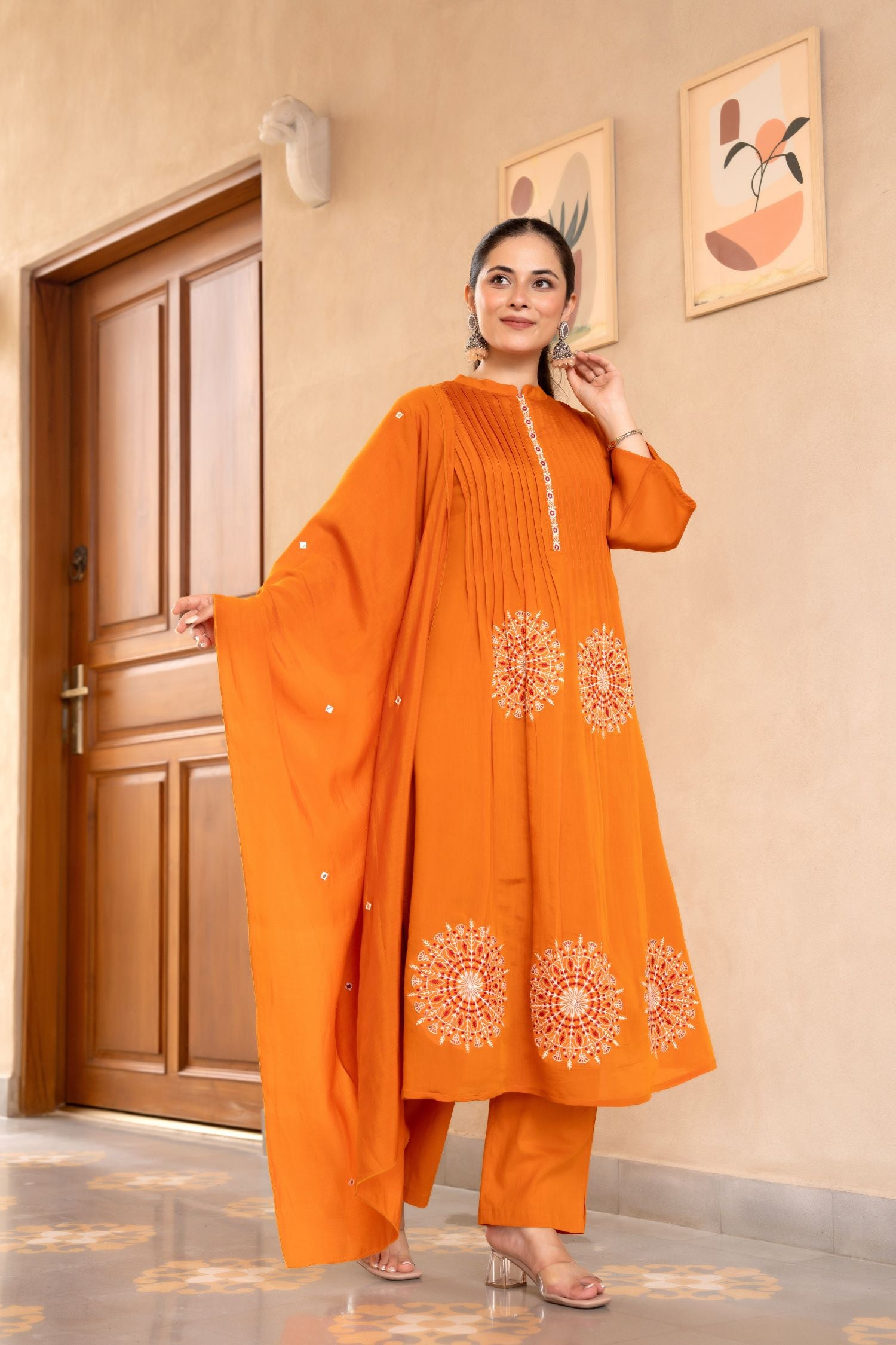 Cotton Three-Piece Ensemble with Elegant Neck Embroidery and Bold Circle Motif