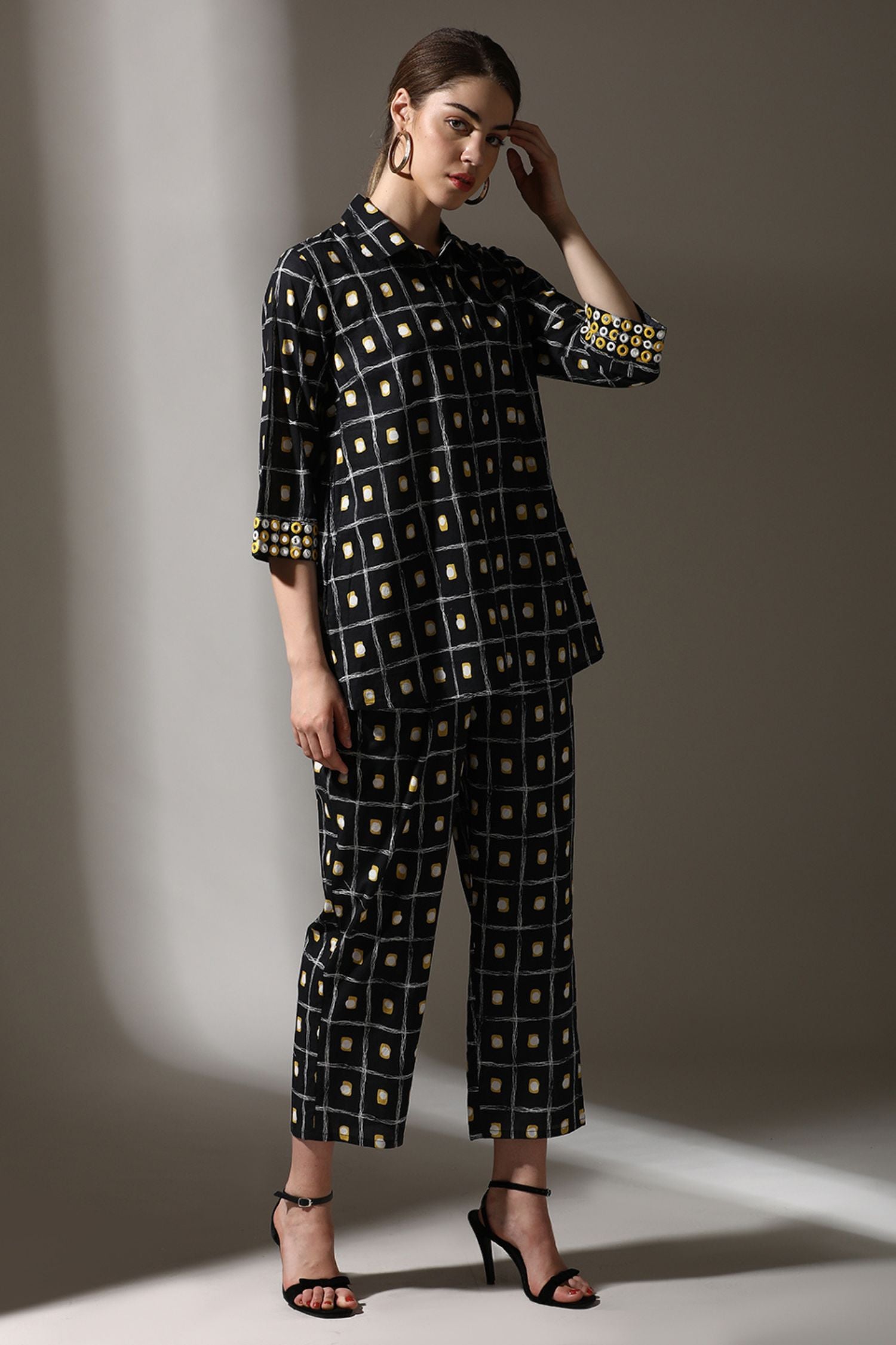 Black Cotton Cord Set in Classic Shirt-Style Pattern