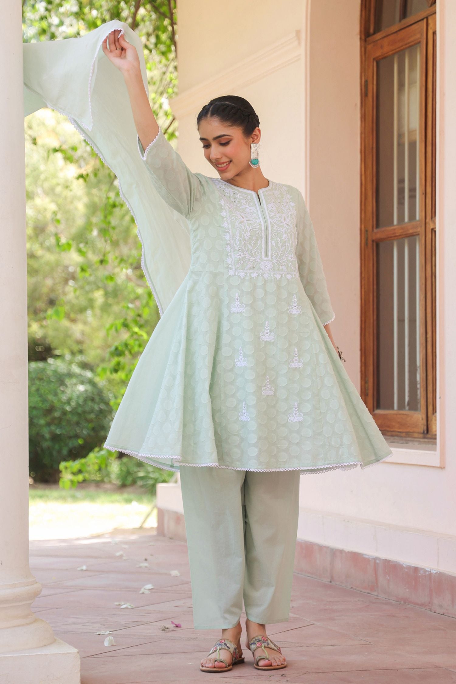 Freyaa Pista Green Self Design Calf-Length Anarkali Cotton Kurta Trouser Dupatta Set