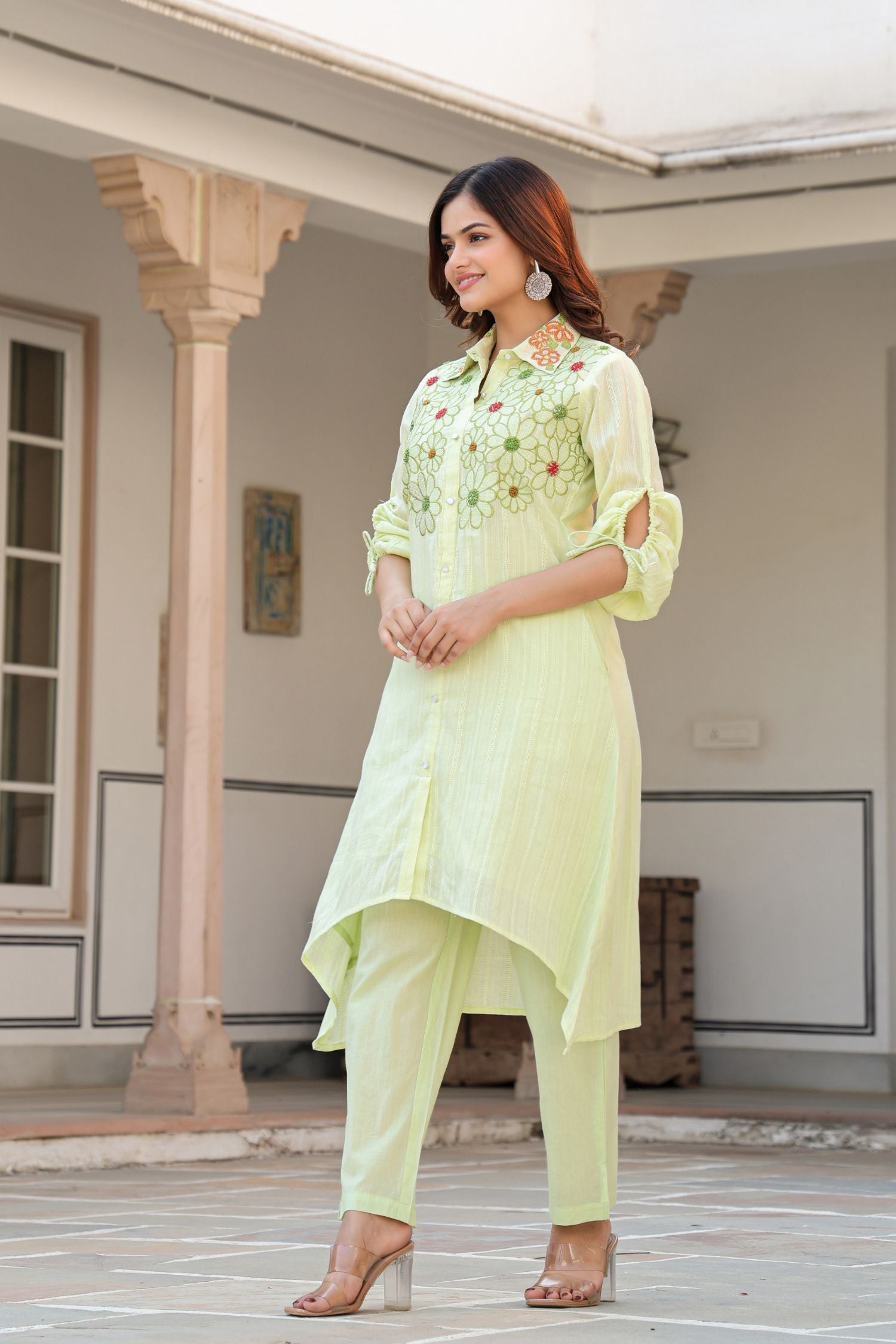 Stylish Pista Green Cord Set with Delicate Collar and Floral Embroidery
