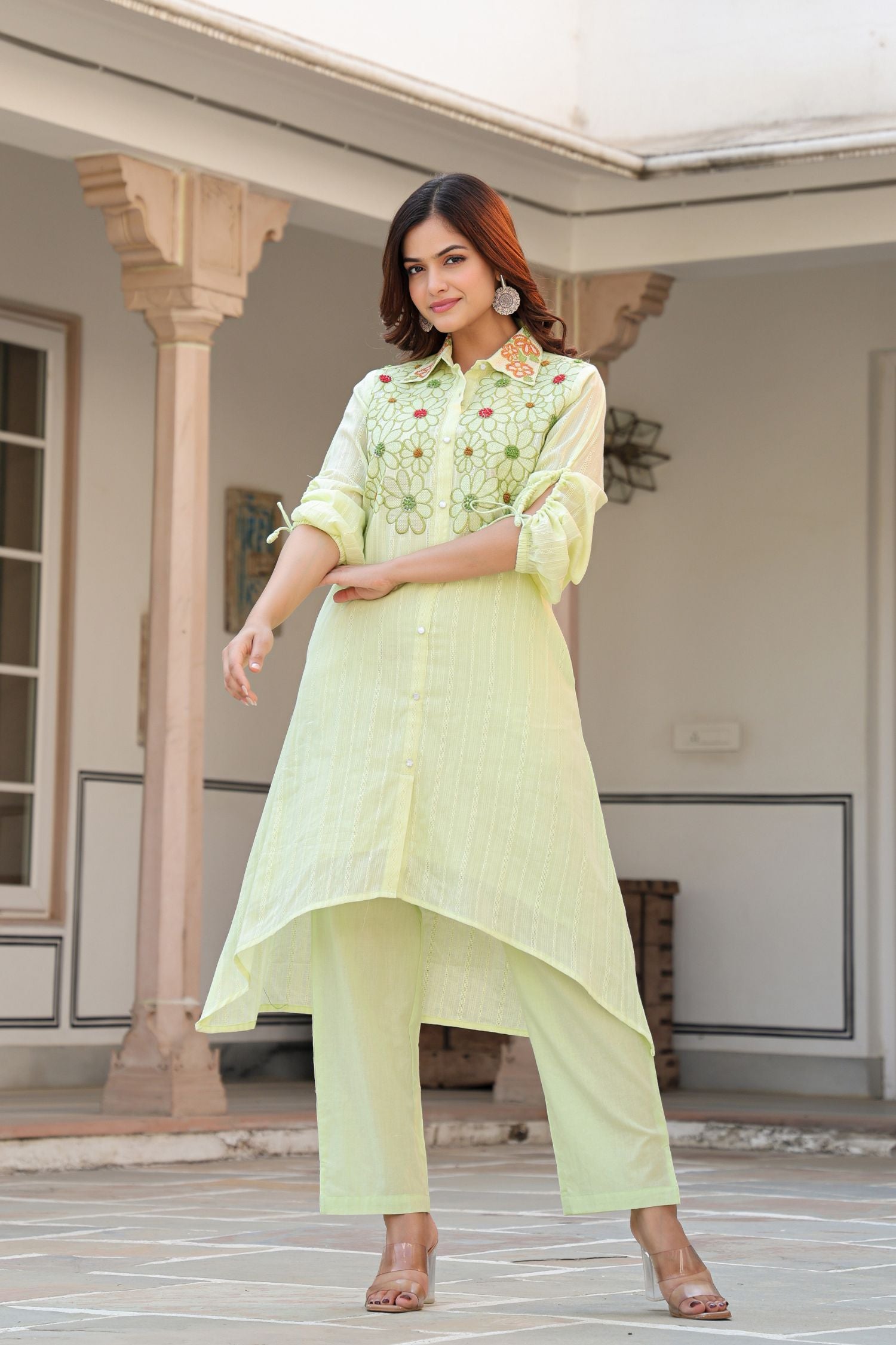 Stylish Pista Green Cord Set with Delicate Collar and Floral Embroidery