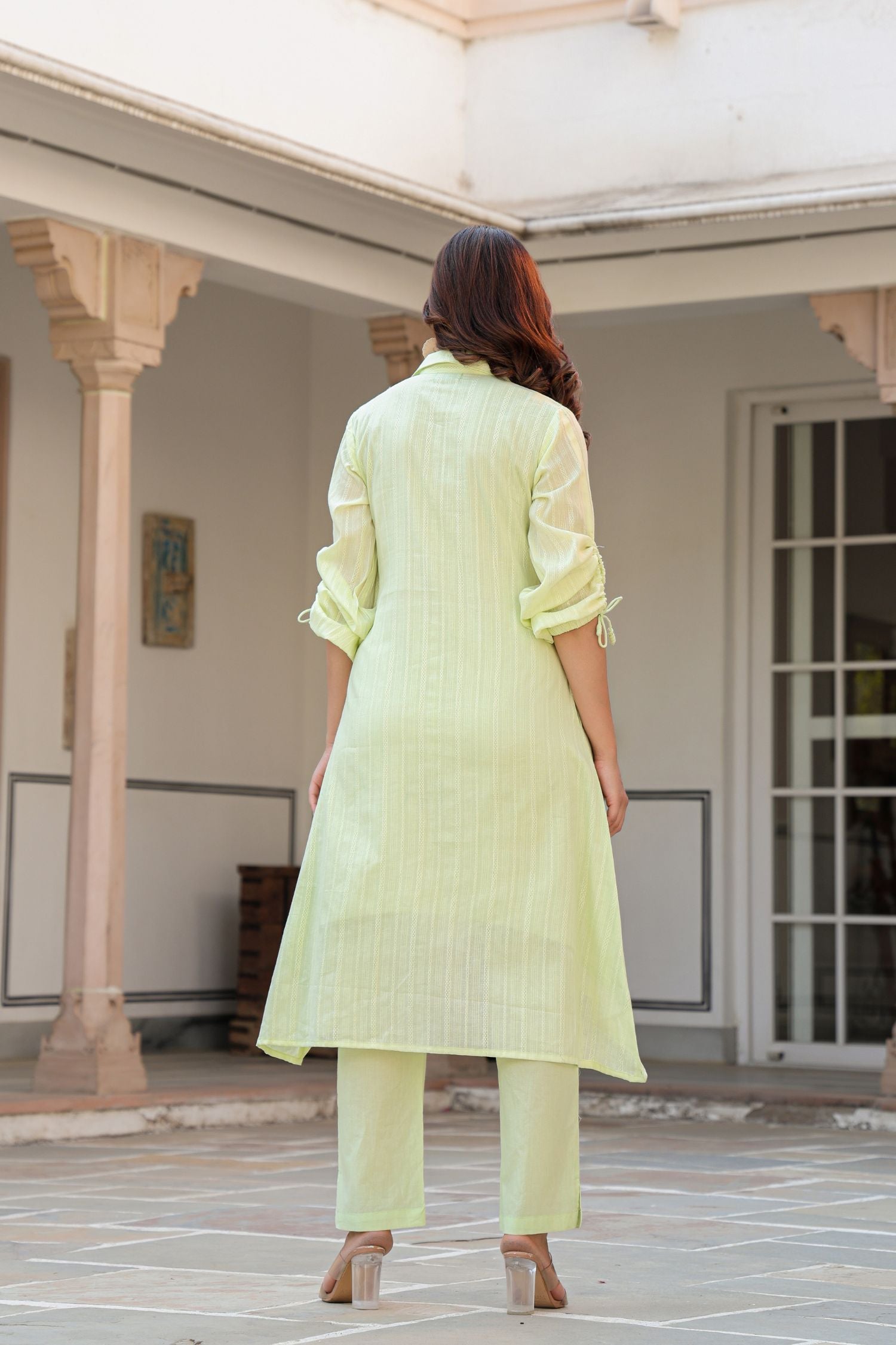 Stylish Pista Green Cord Set with Delicate Collar and Floral Embroidery