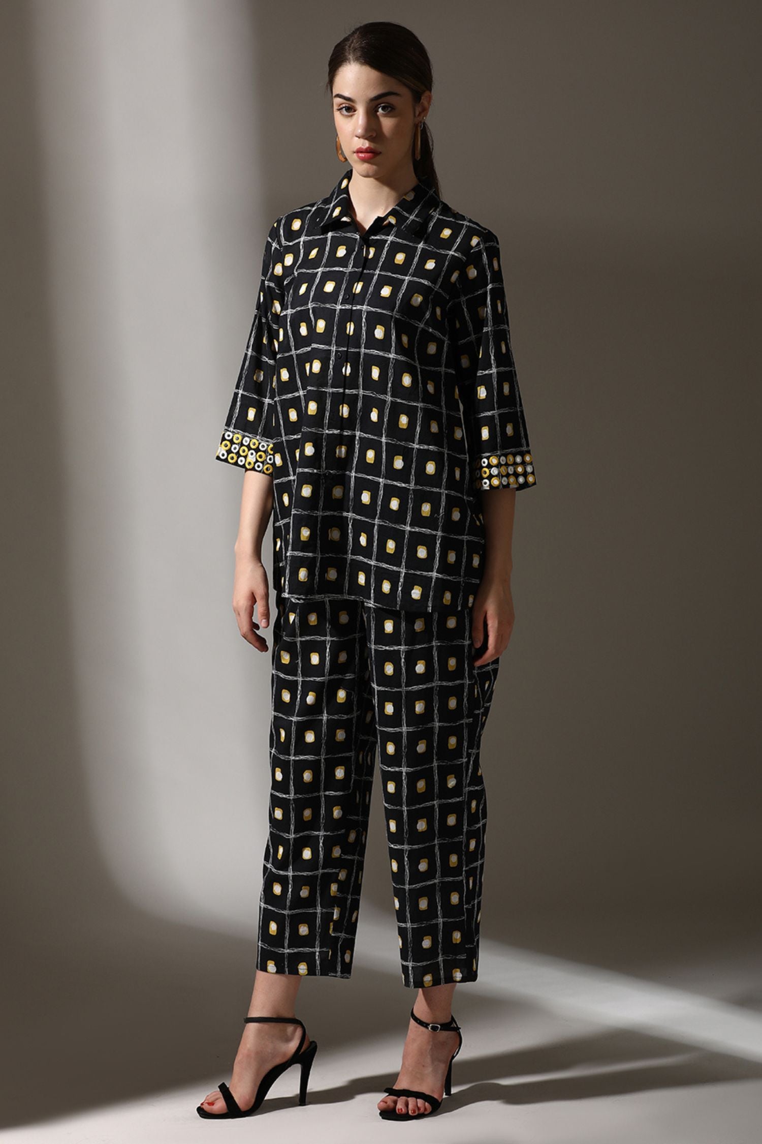 Black Cotton Cord Set in Classic Shirt-Style Pattern