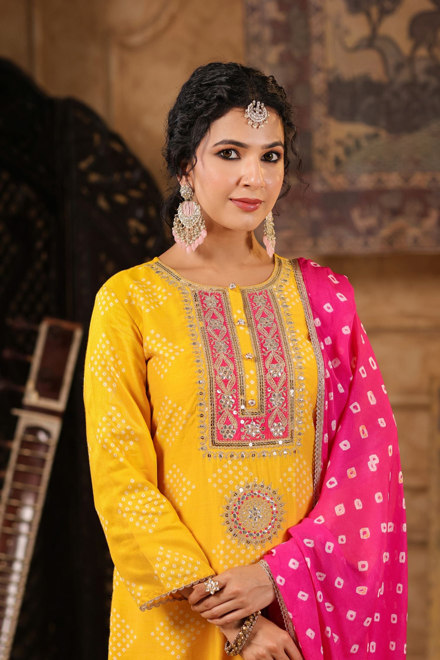 Freyaa yellow Embroidered Straight Kurta Trouser with Bandhni Dupatta Set