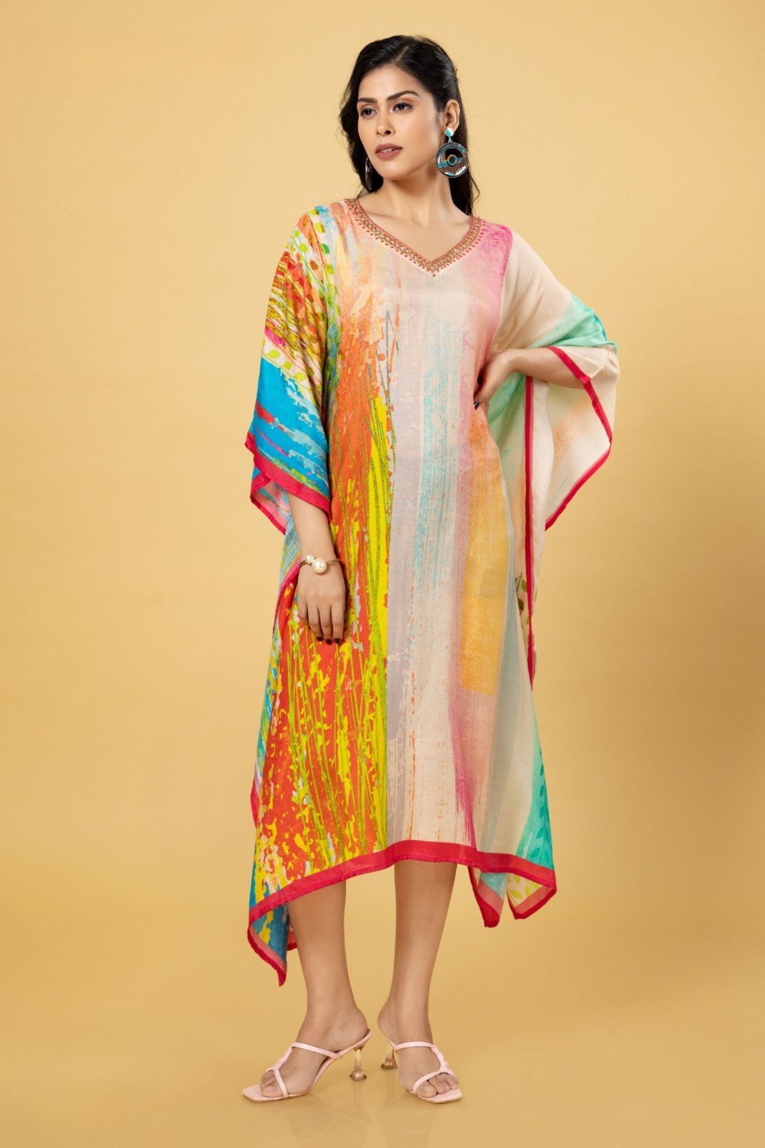 Freyaa Vibrant Multicolor Long Kaftan with Modern Flair