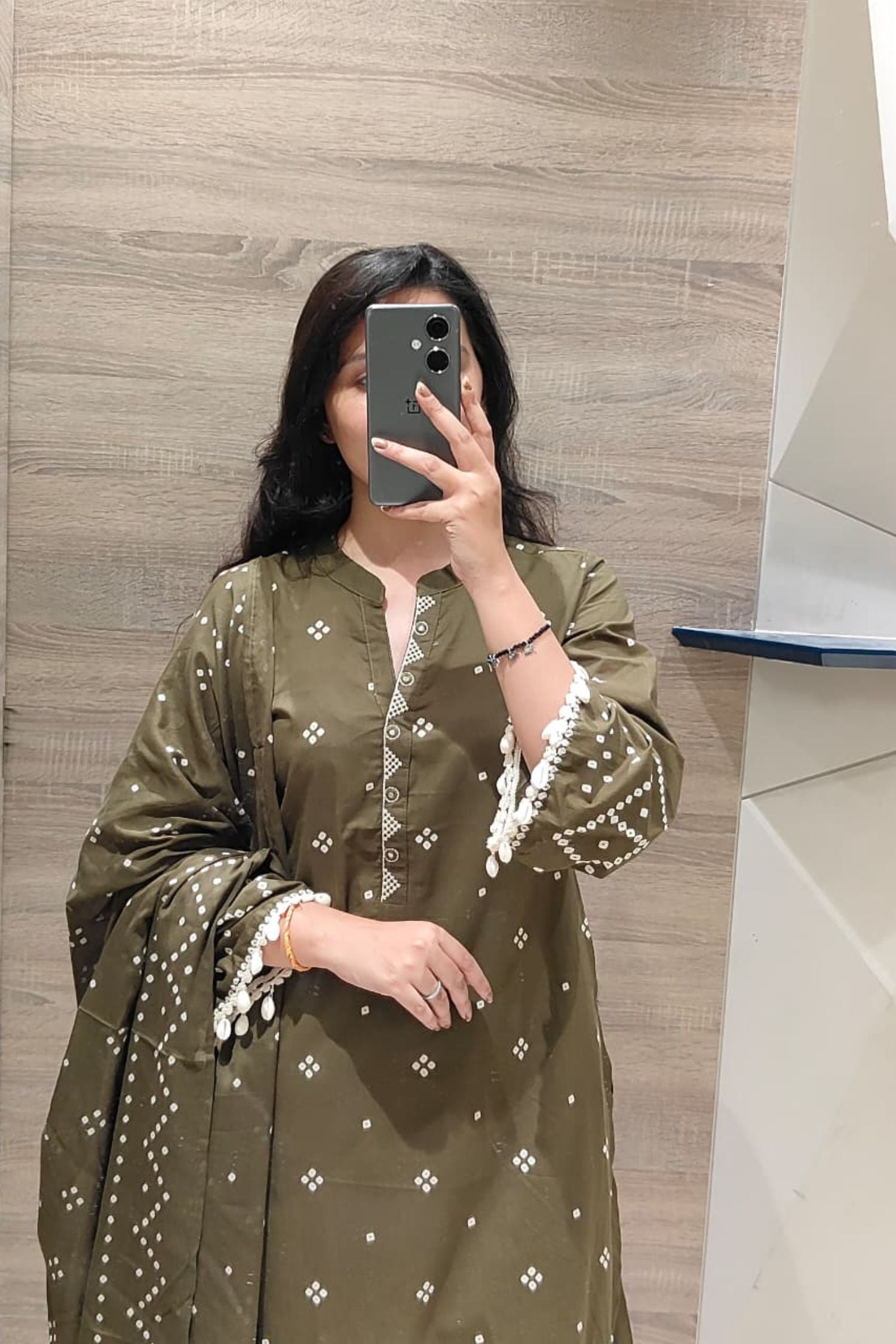 Green Three-Piece Suit with Kodiya Detailing on Sleeves With Dupatta