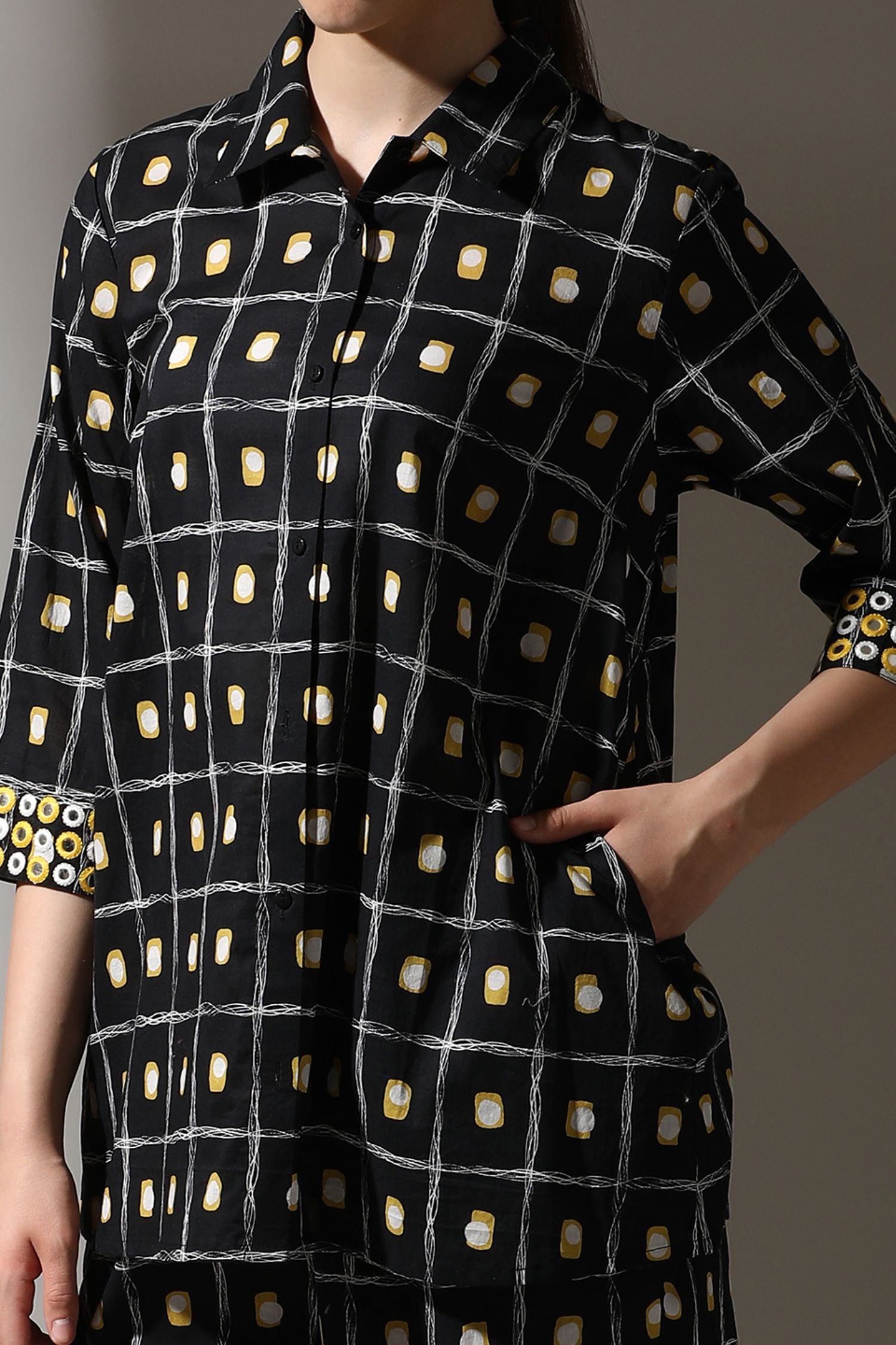 Black Cotton Cord Set in Classic Shirt-Style Pattern