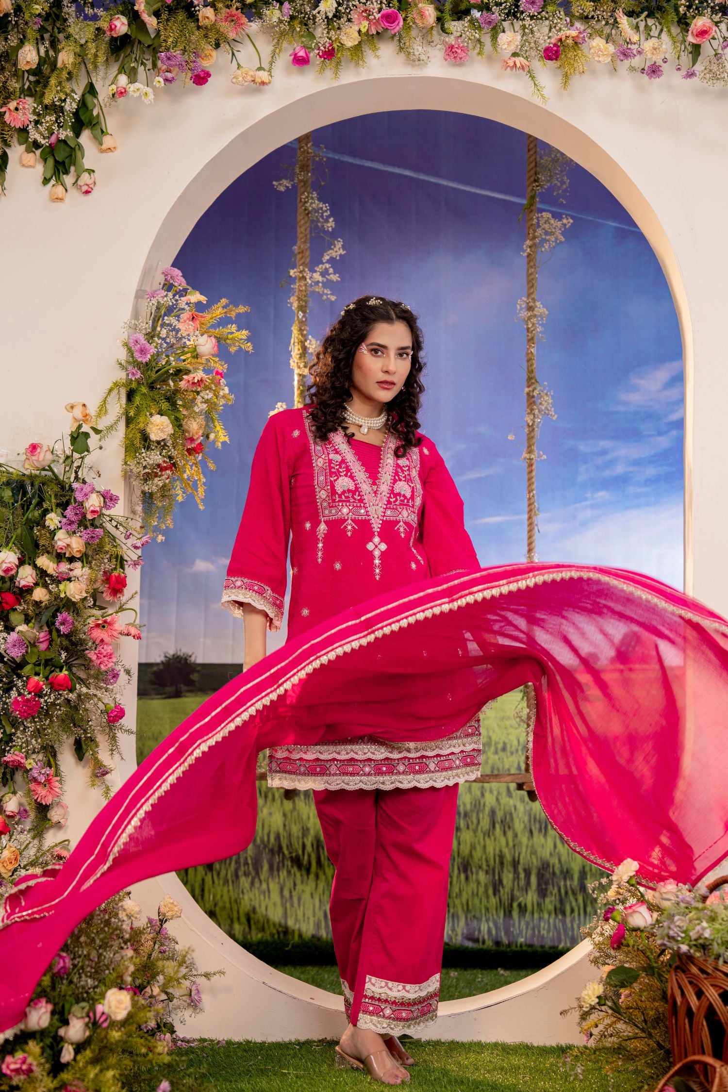 Rani Pink Embroidered Three-Piece Suit Set