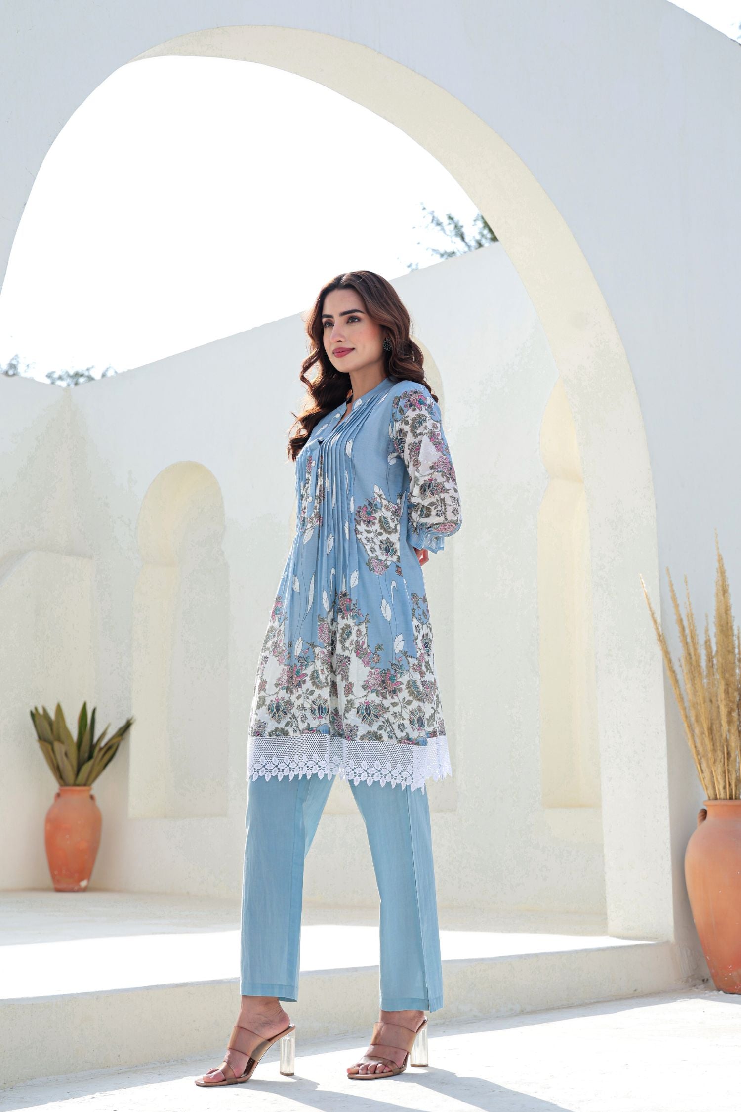 Blue Cord Set with Modern Prints and Lace Detailing on Top