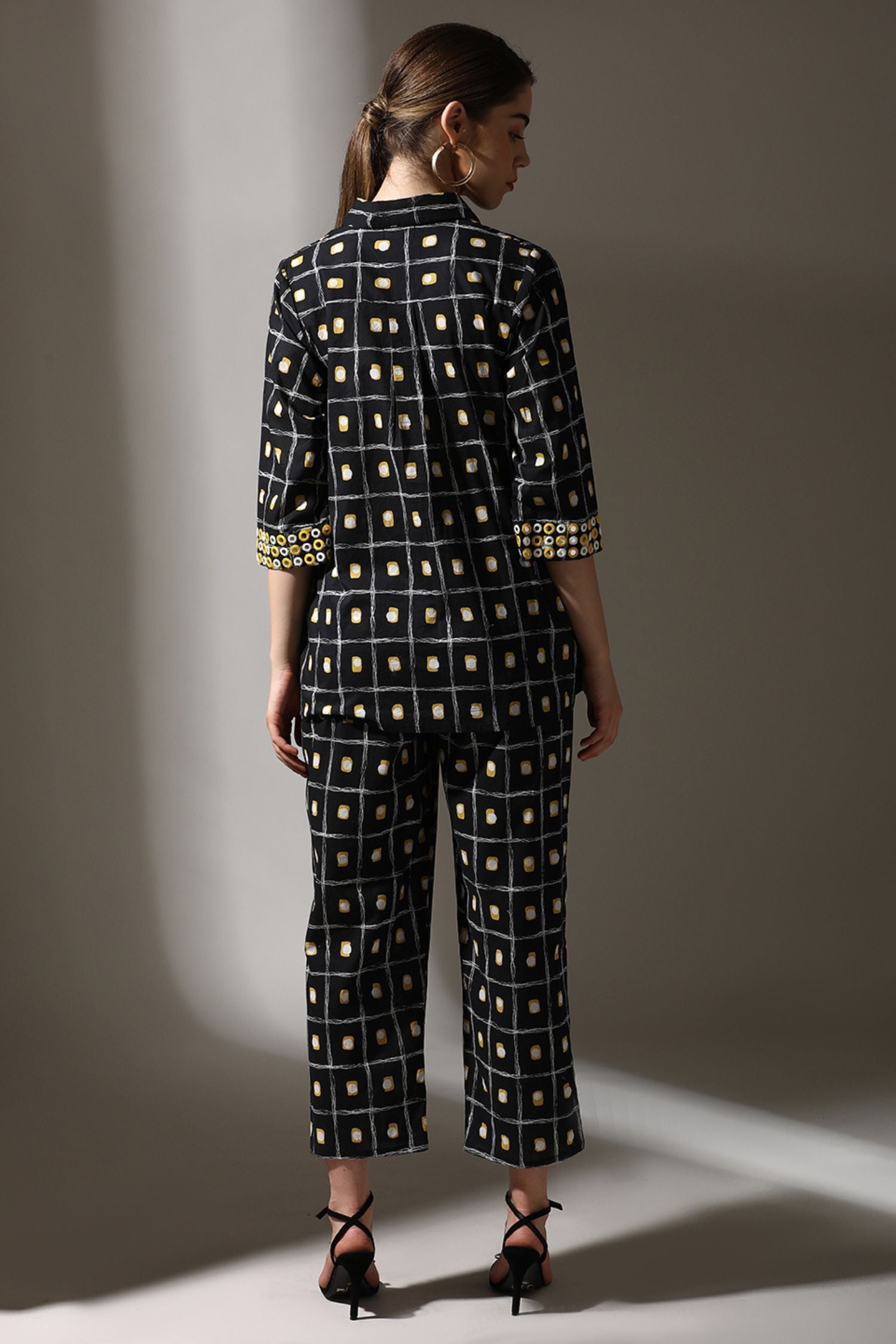 Black Cotton Cord Set in Classic Shirt-Style Pattern