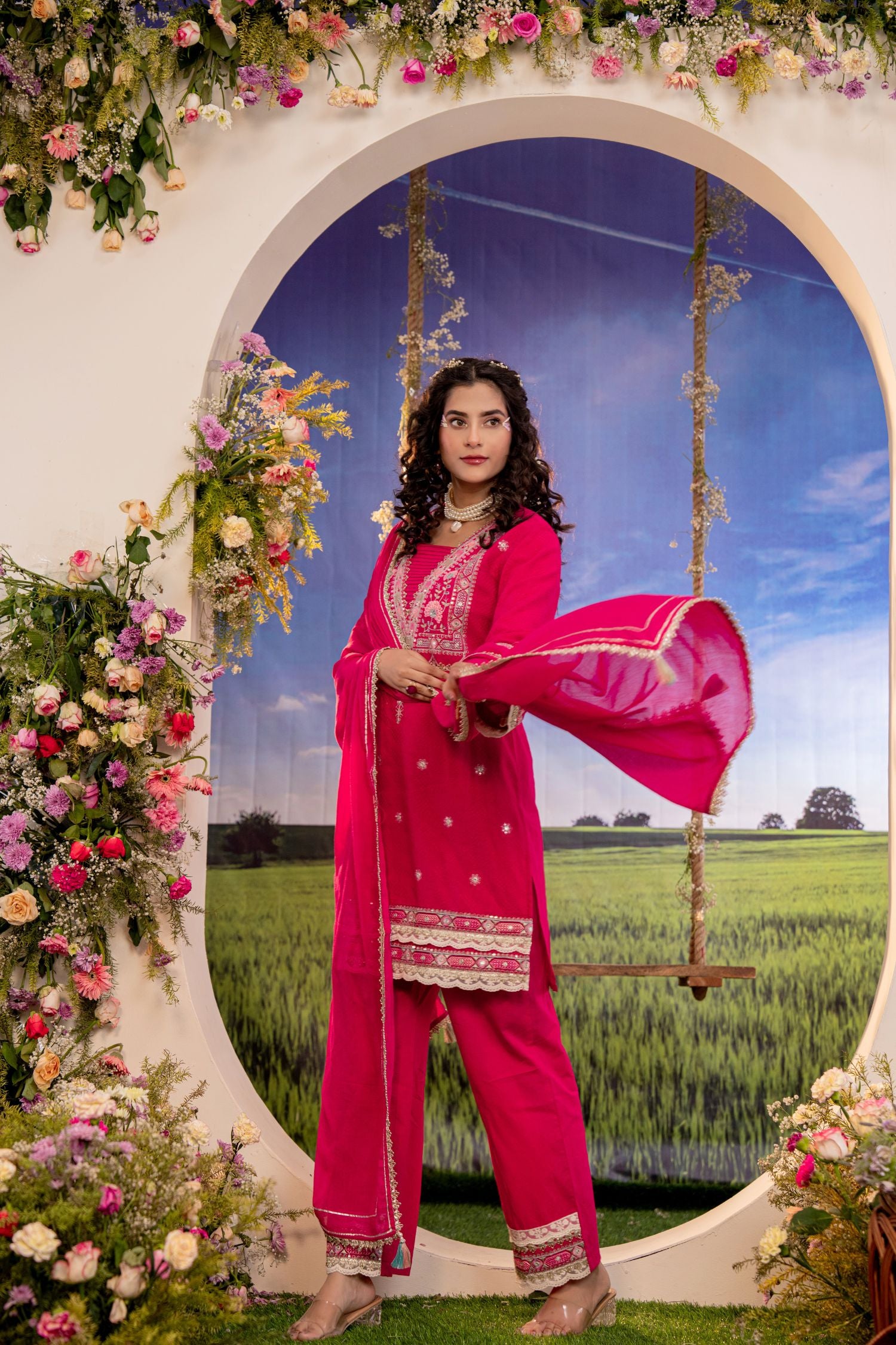 Rani Pink Embroidered Three-Piece Suit Set