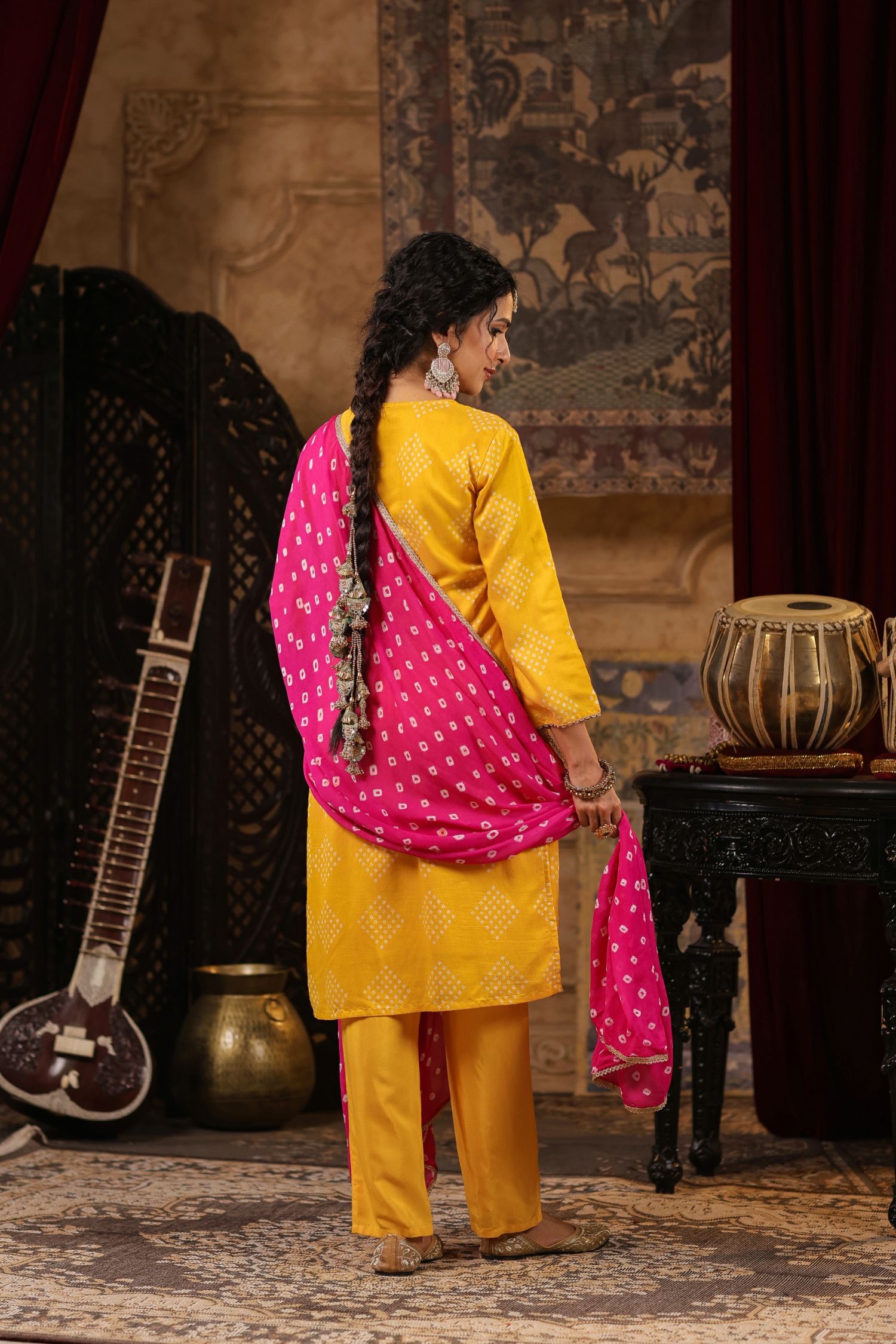 Freyaa yellow Embroidered Straight Kurta Trouser with Bandhni Dupatta Set