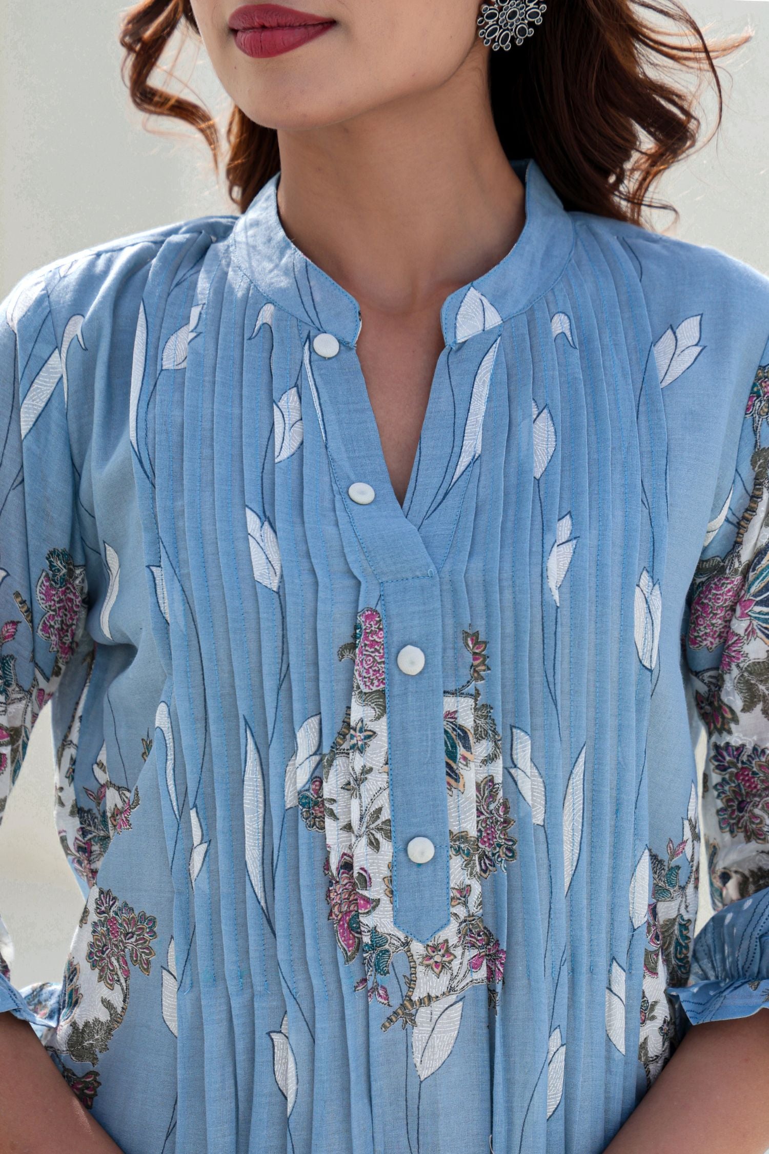 Blue Cord Set with Modern Prints and Lace Detailing on Top