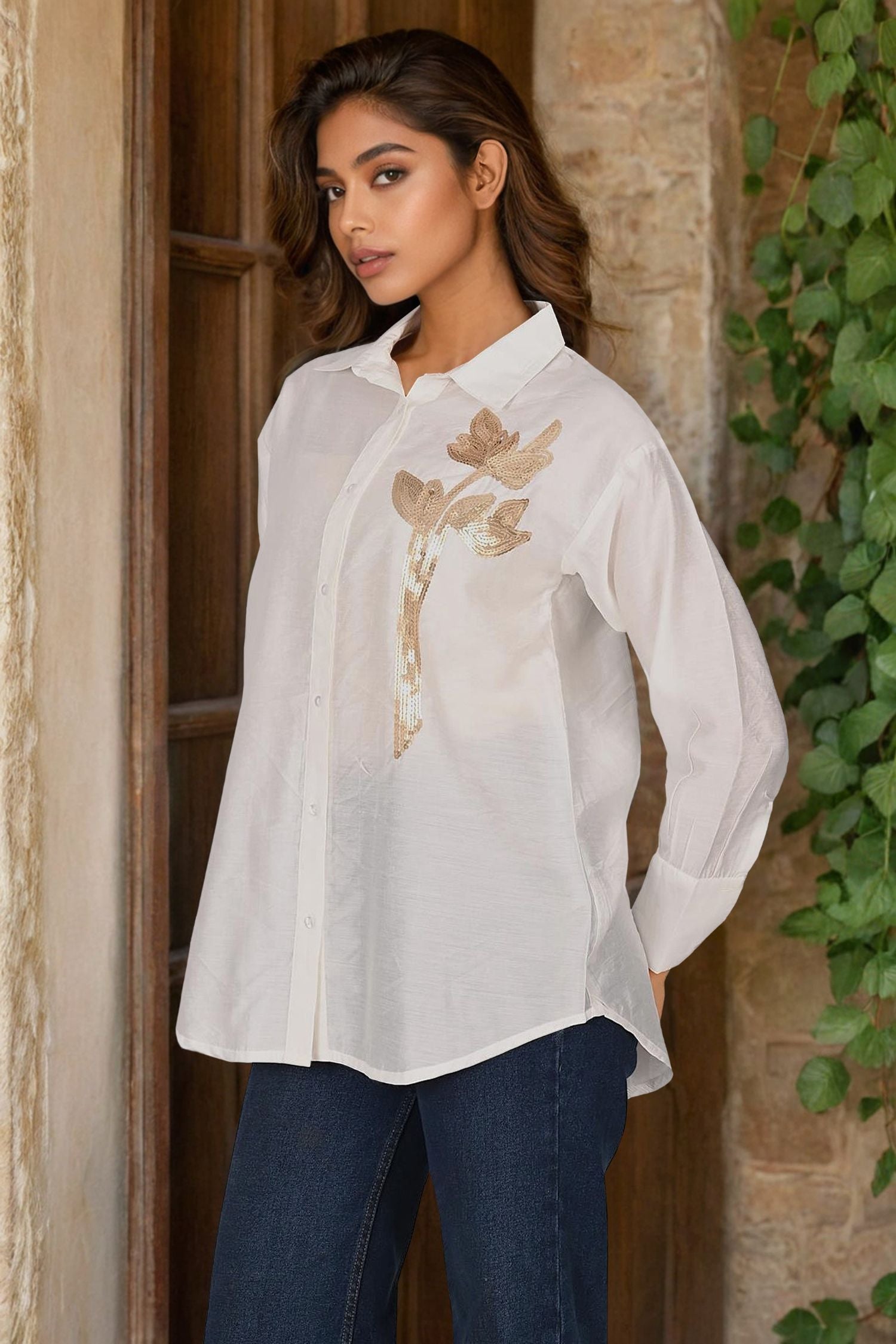 White Full-Sleeve Shirt with Golden Floral Patch Embroidery