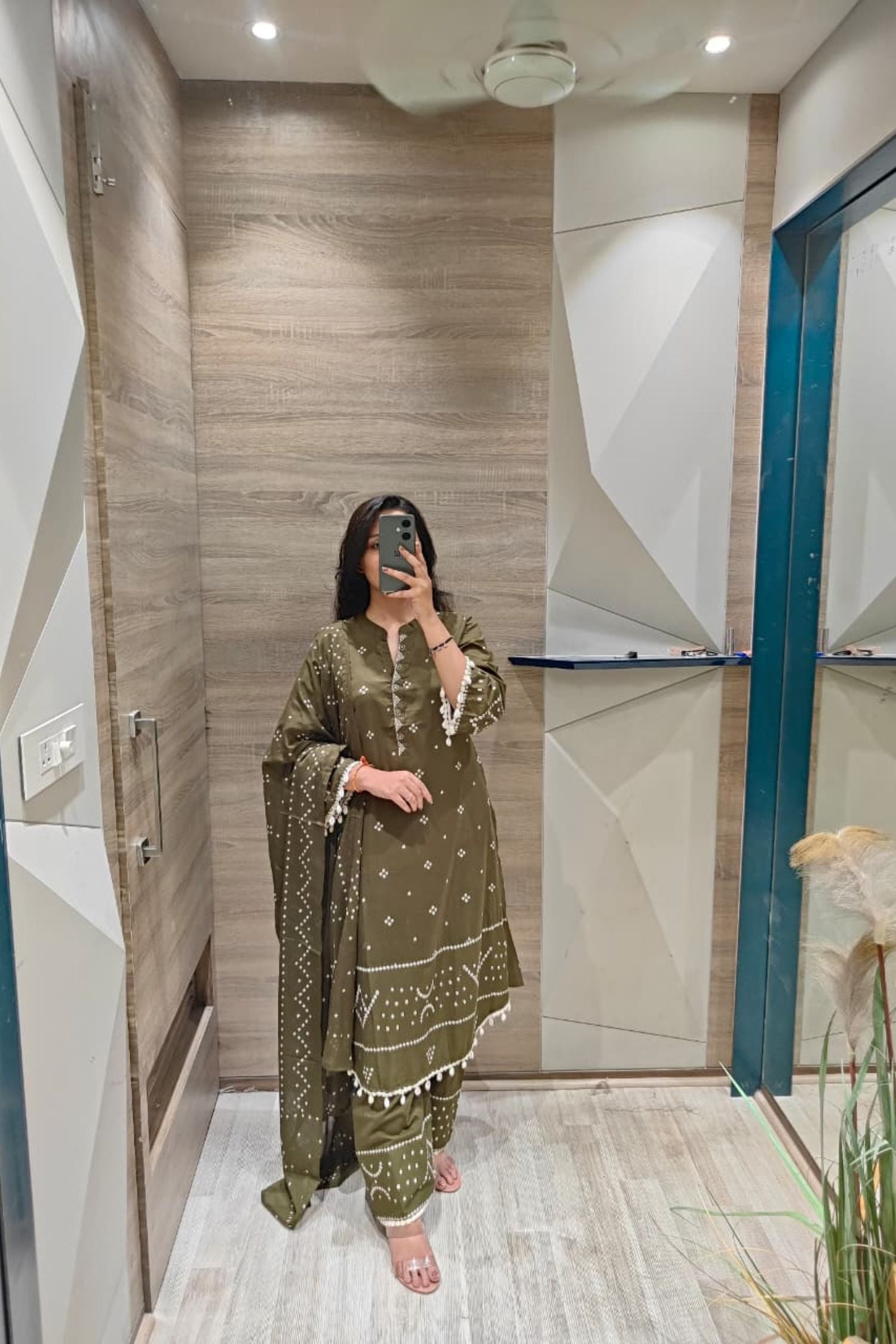 Green Three-Piece Suit with Kodiya Detailing on Sleeves With Dupatta