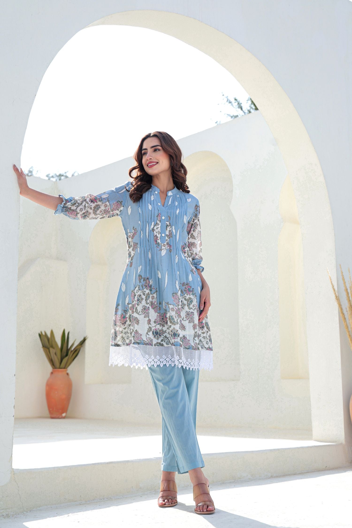Blue Cord Set with Modern Prints and Lace Detailing on Top