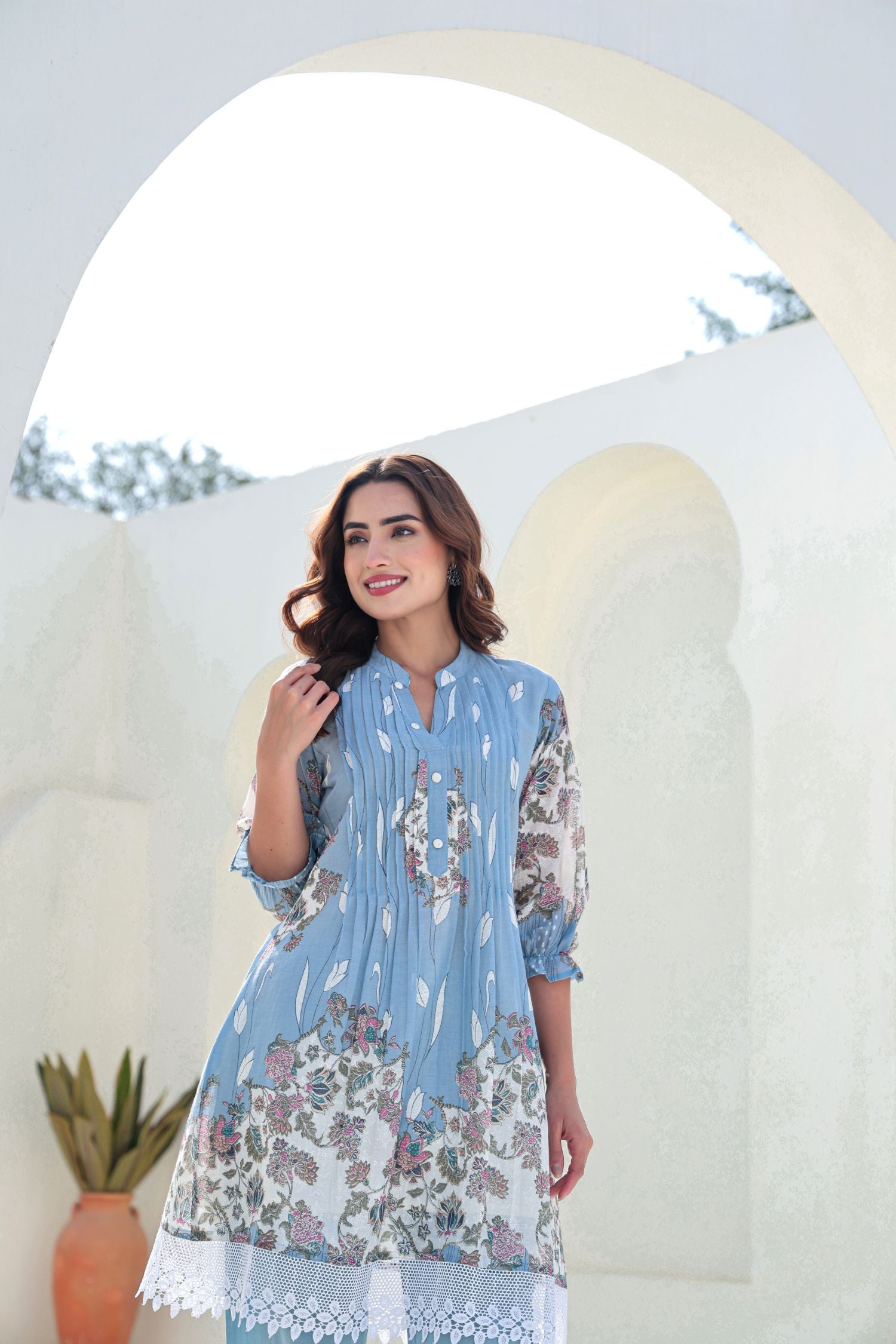 Blue Cord Set with Modern Prints and Lace Detailing on Top