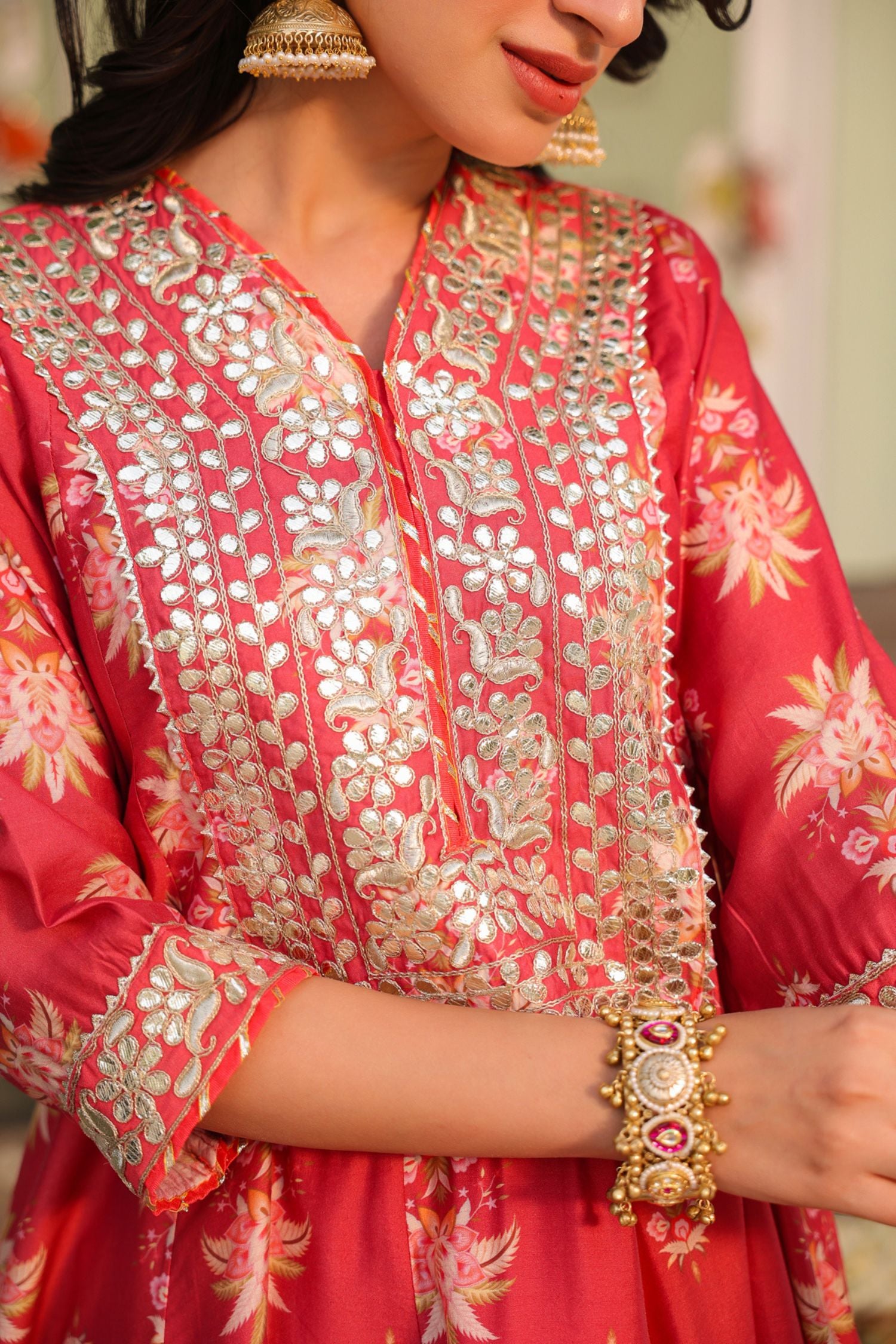 Freyaa Coral Pink Printed Embroidered Silk Blend Calf-Length Anarkali Suit With Dupatta