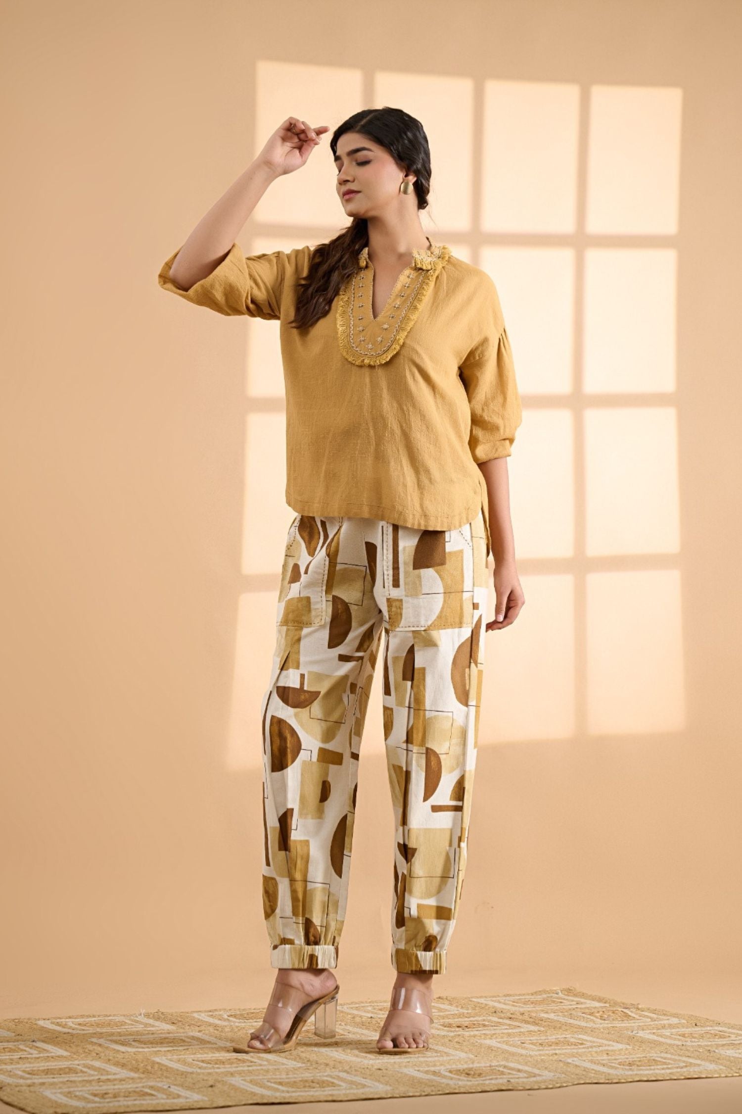 Chic Yellow Cotton Co-ord Set with Printed Trousers
