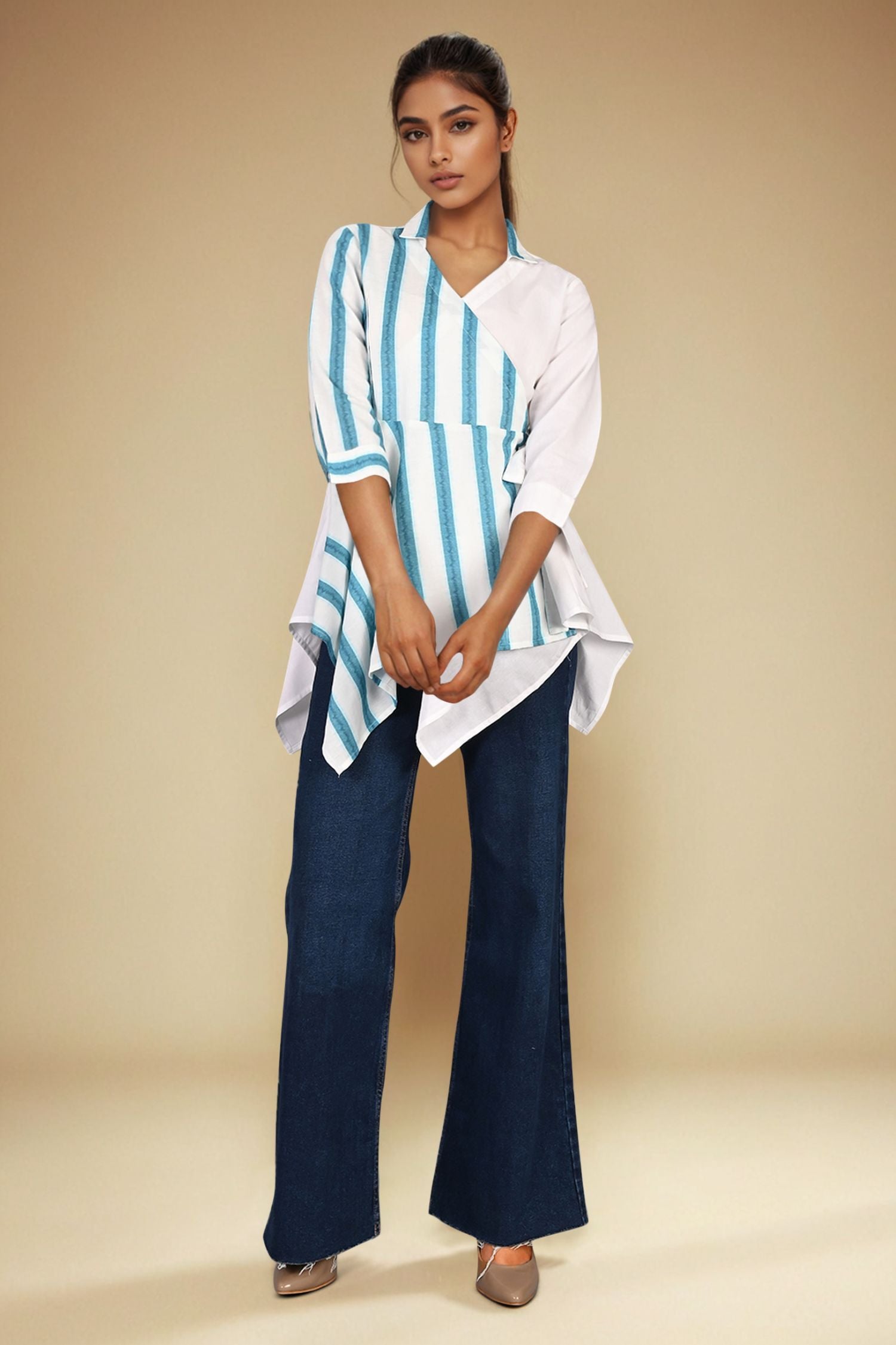 White Cotton Top with Classic Blue Striped Design