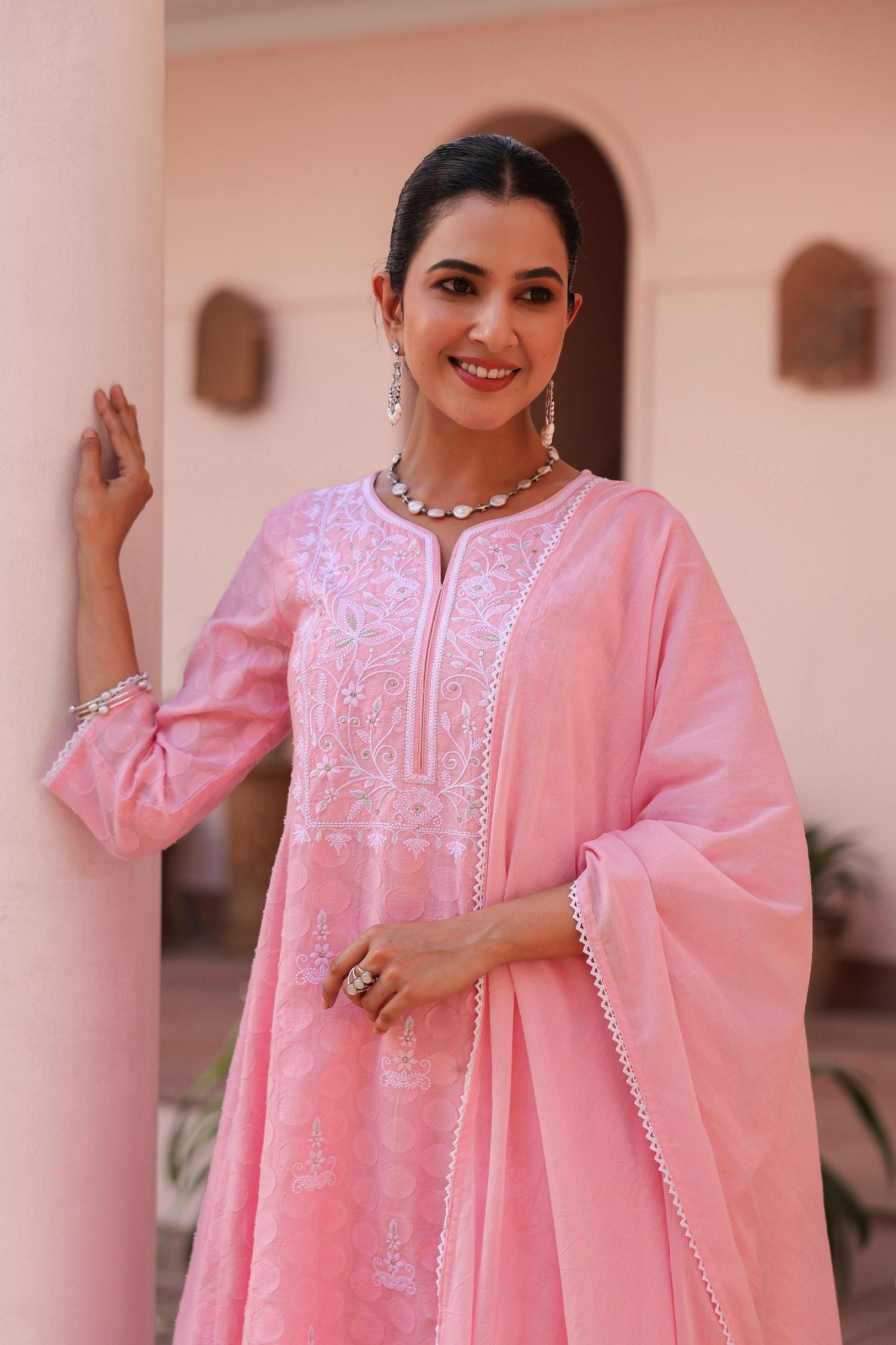 Freyaa Pink Self Design Calf-Length Anarkali Cotton Kurta Trouser Dupatta Set