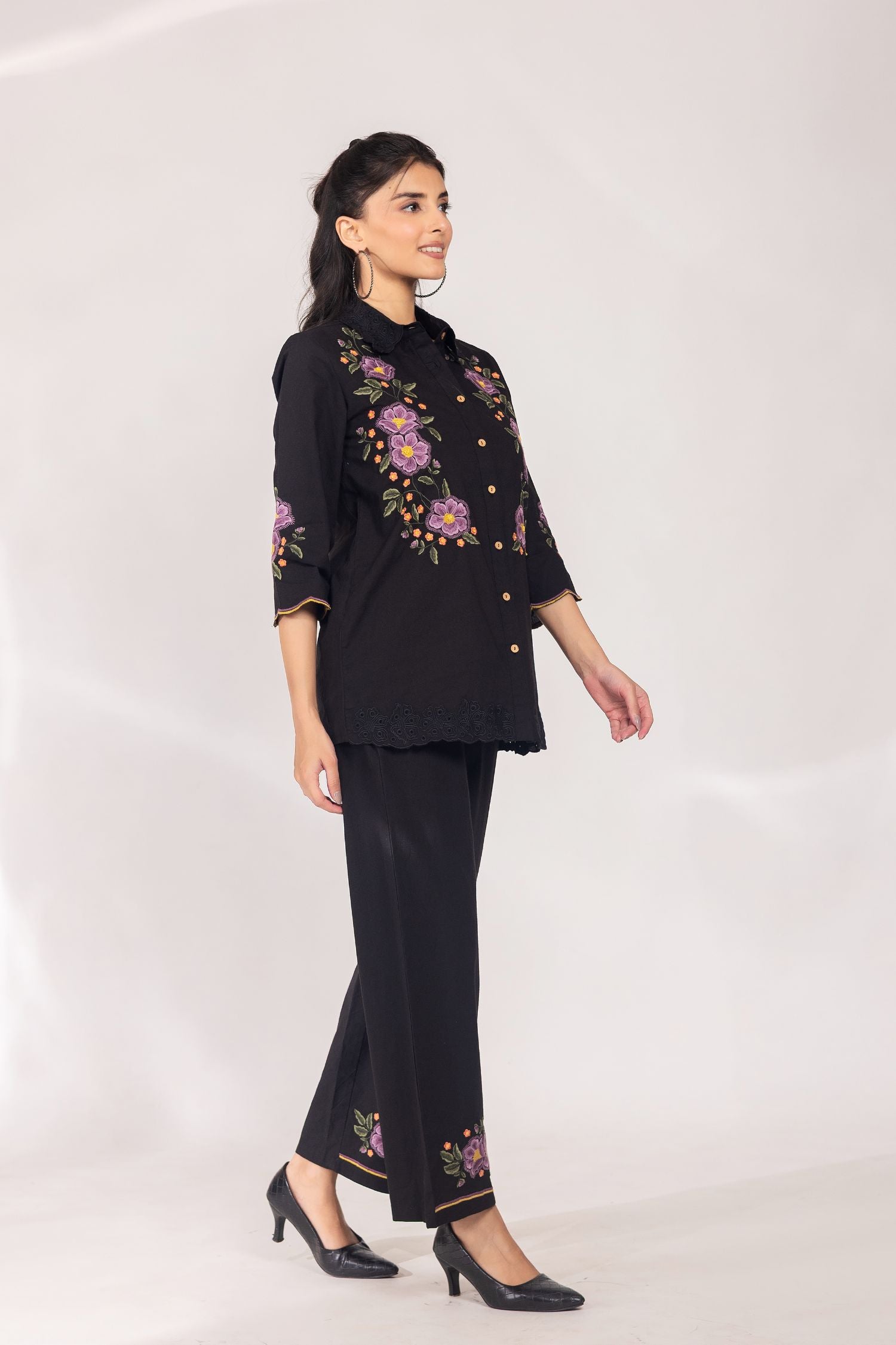 Black Cotton Co-ord Set with Multi Floral Work