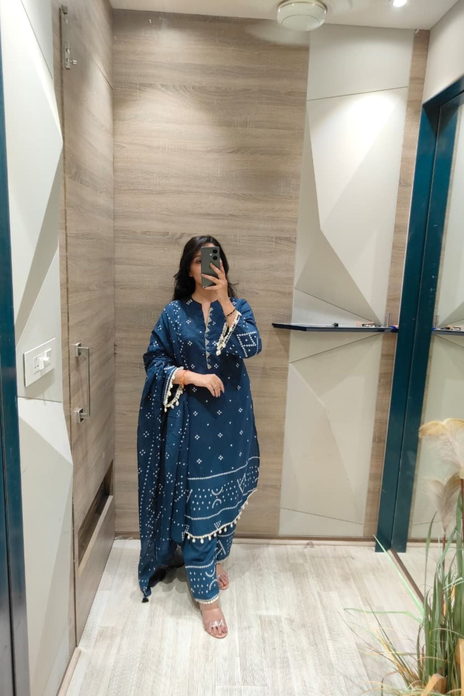 Blue Three-Piece Ensemble with Dupatta and Handcrafted Kodiya Detailing