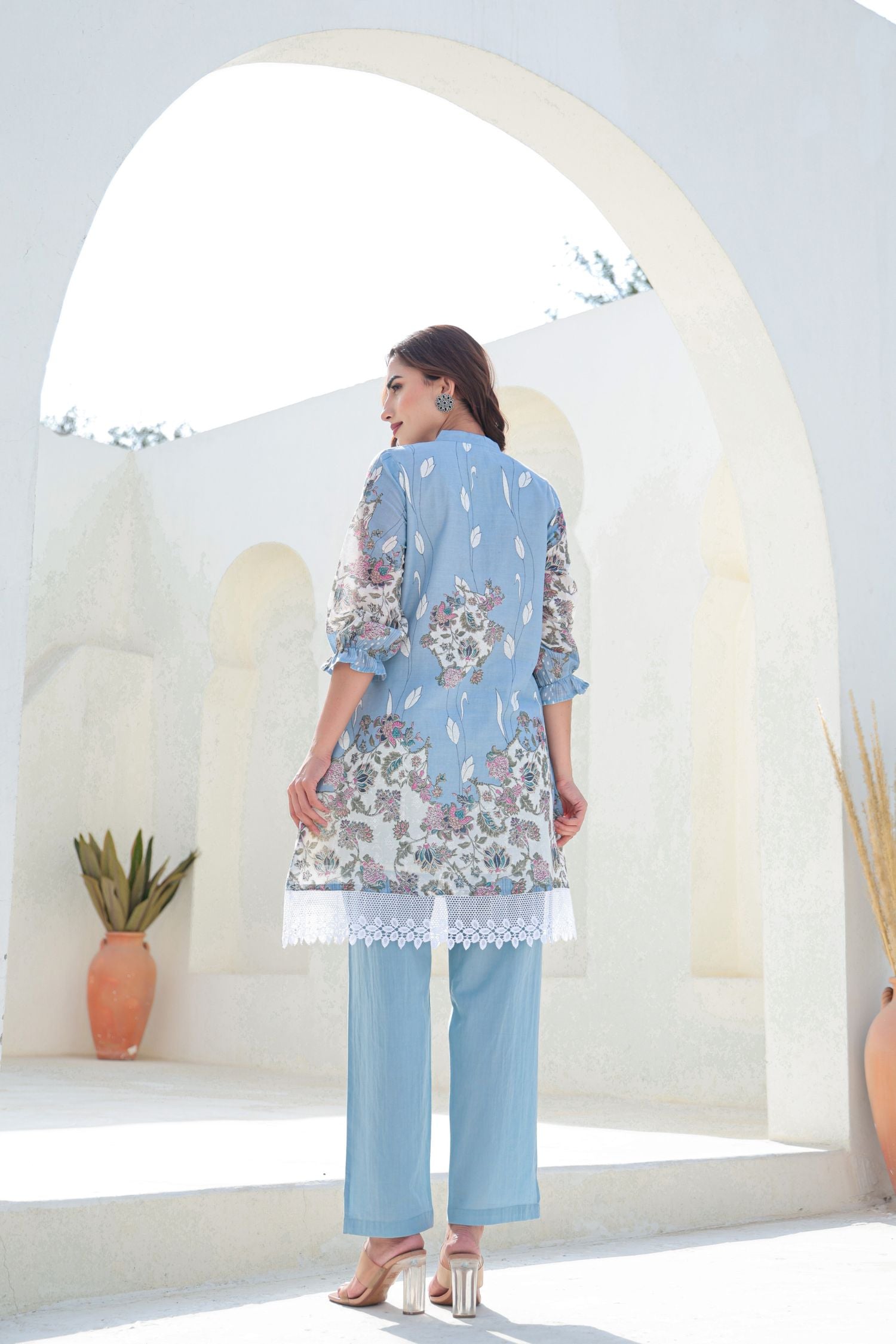 Blue Cord Set with Modern Prints and Lace Detailing on Top