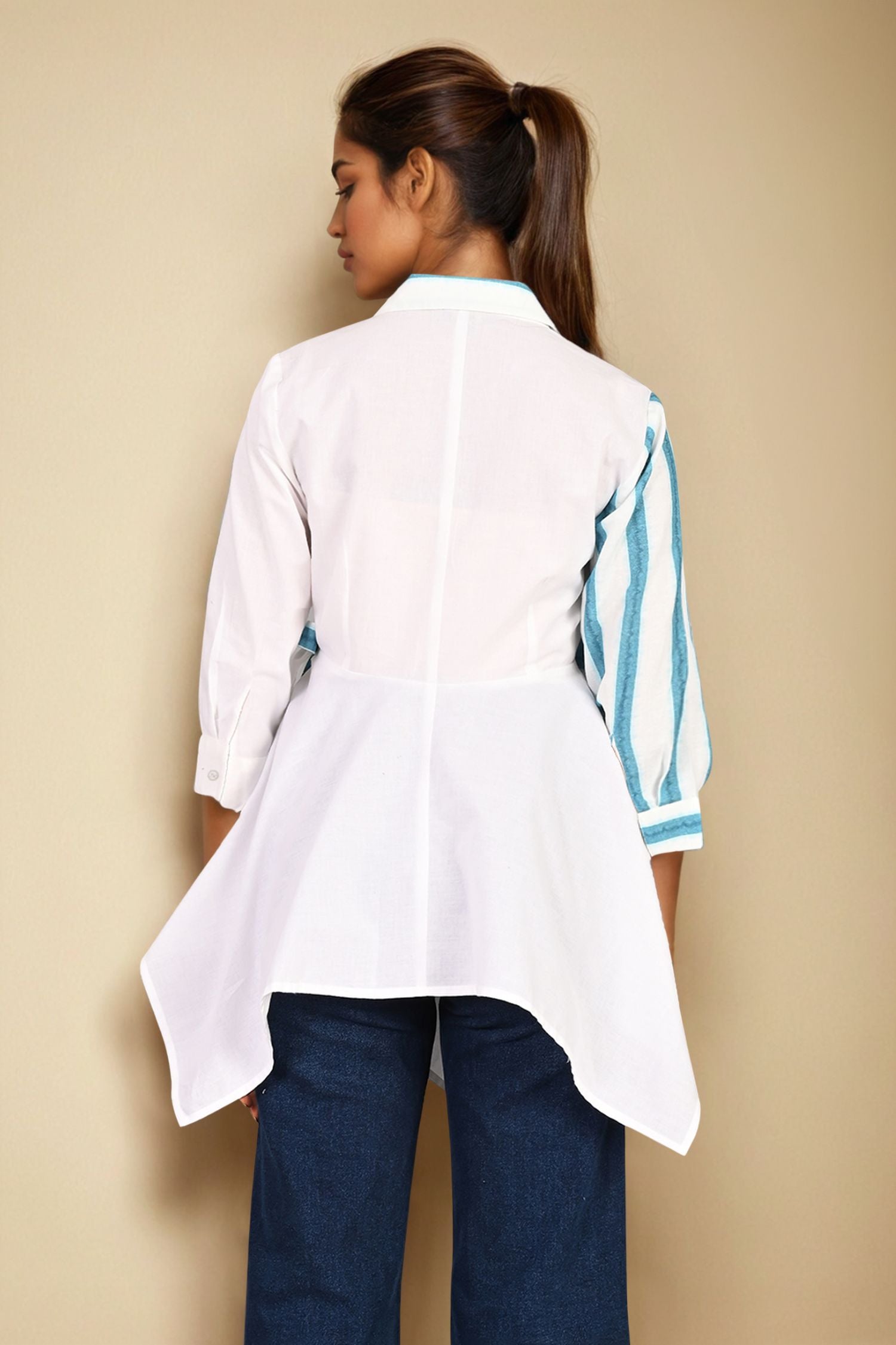 White Cotton Top with Classic Blue Striped Design