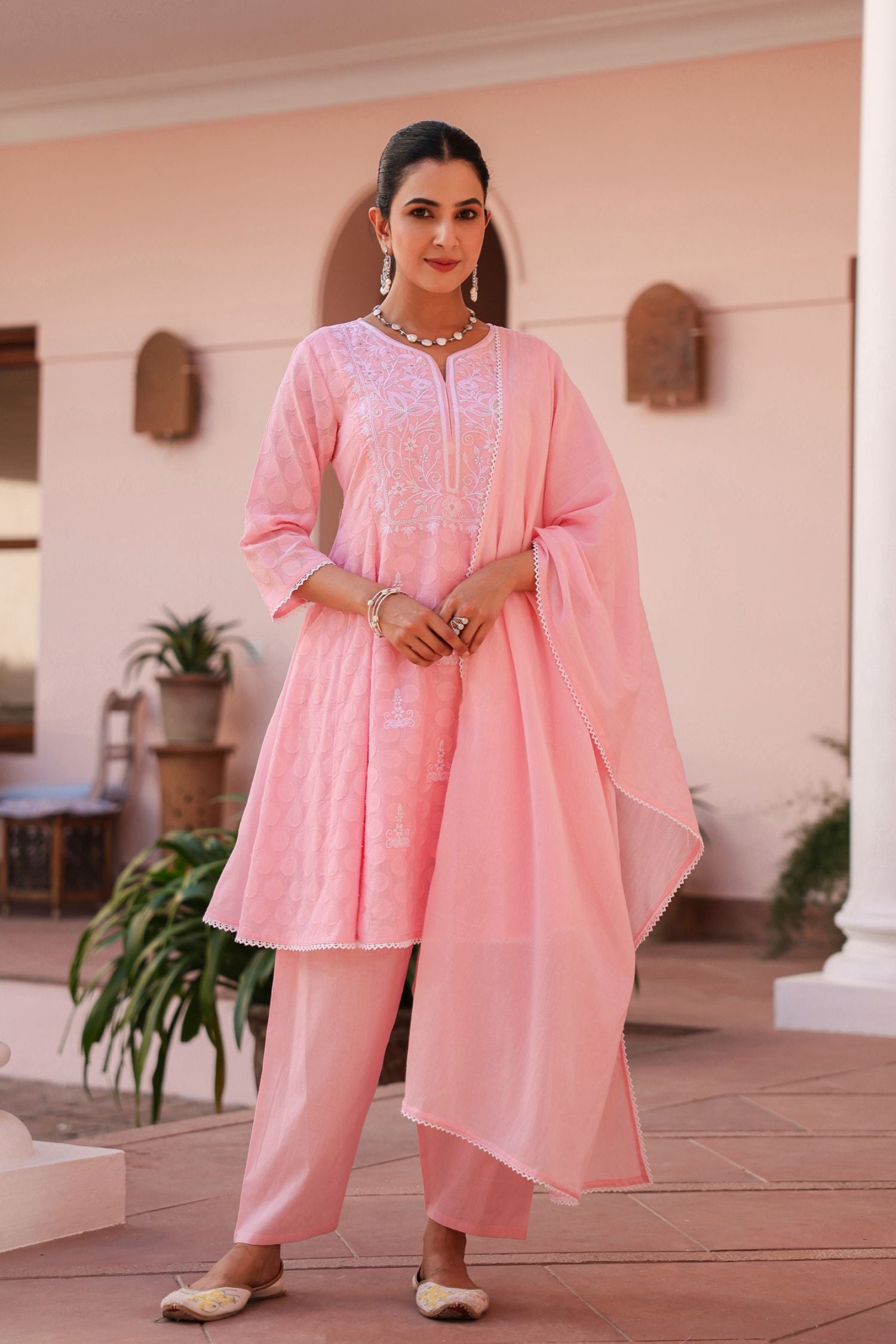 Freyaa Pink Self Design Calf-Length Anarkali Cotton Kurta Trouser Dupatta Set