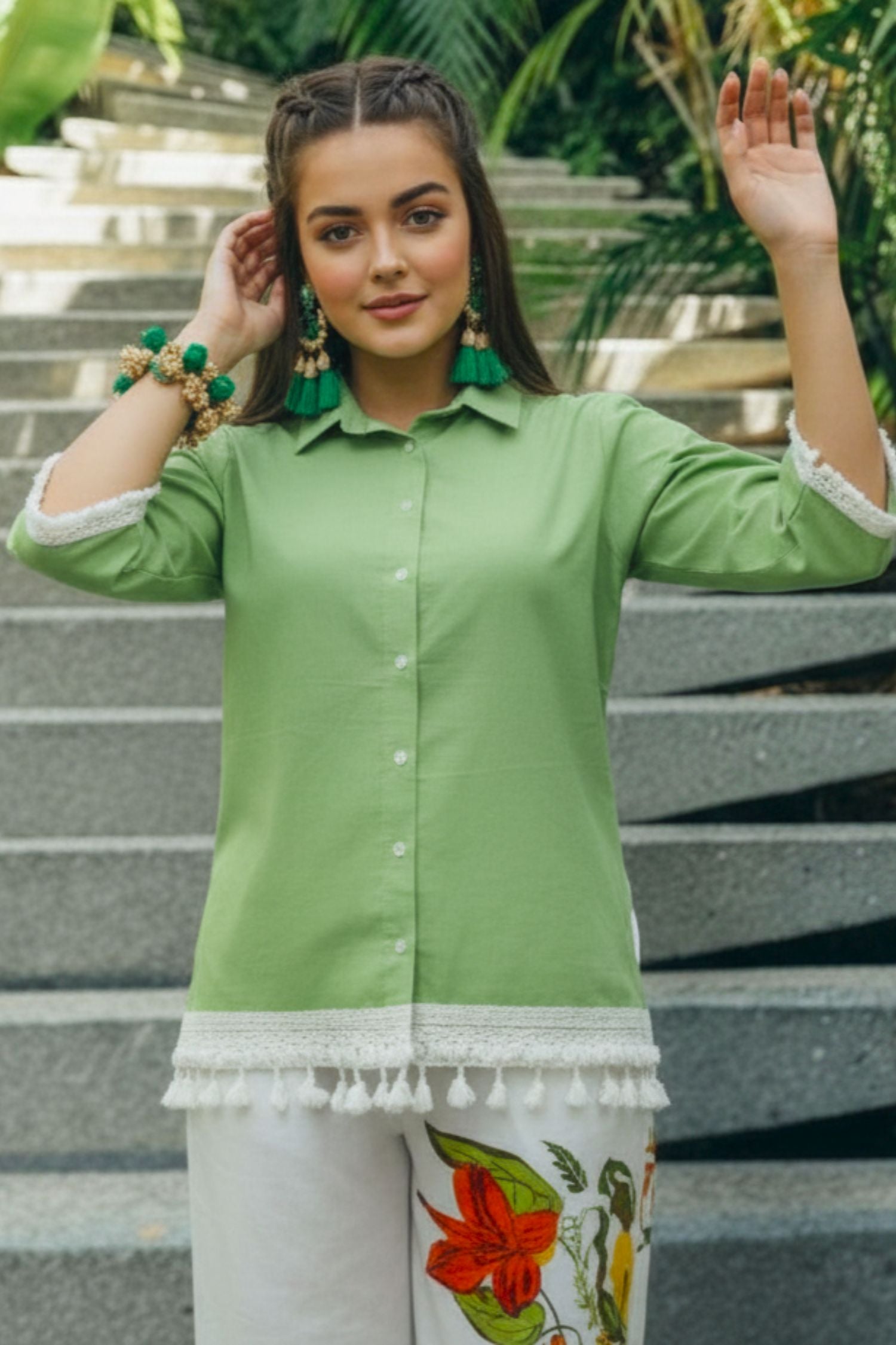 Green Cotton Co-ord Set with Printed Bottom