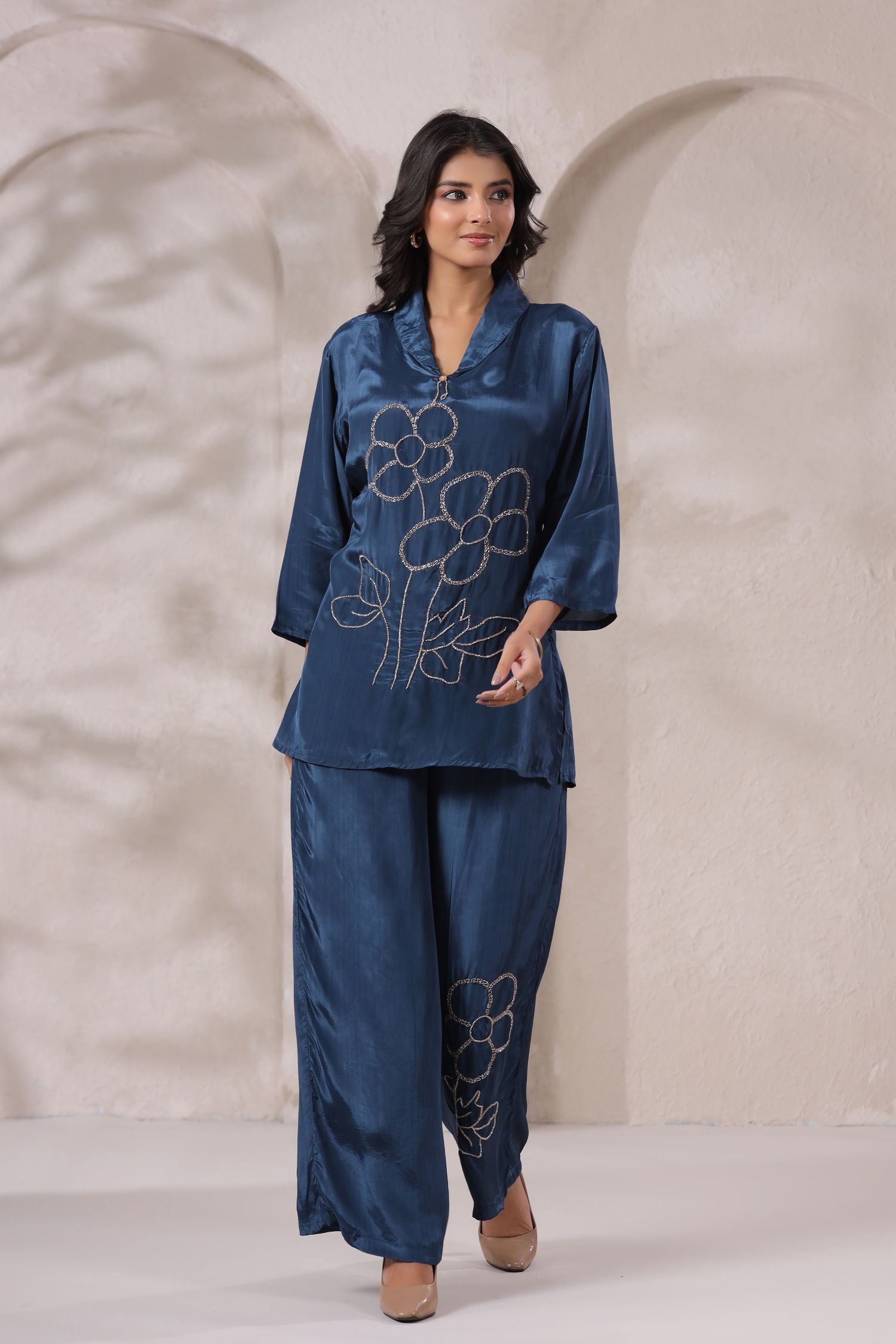 Blue Satin Golden Floral Embroidered Cord Set