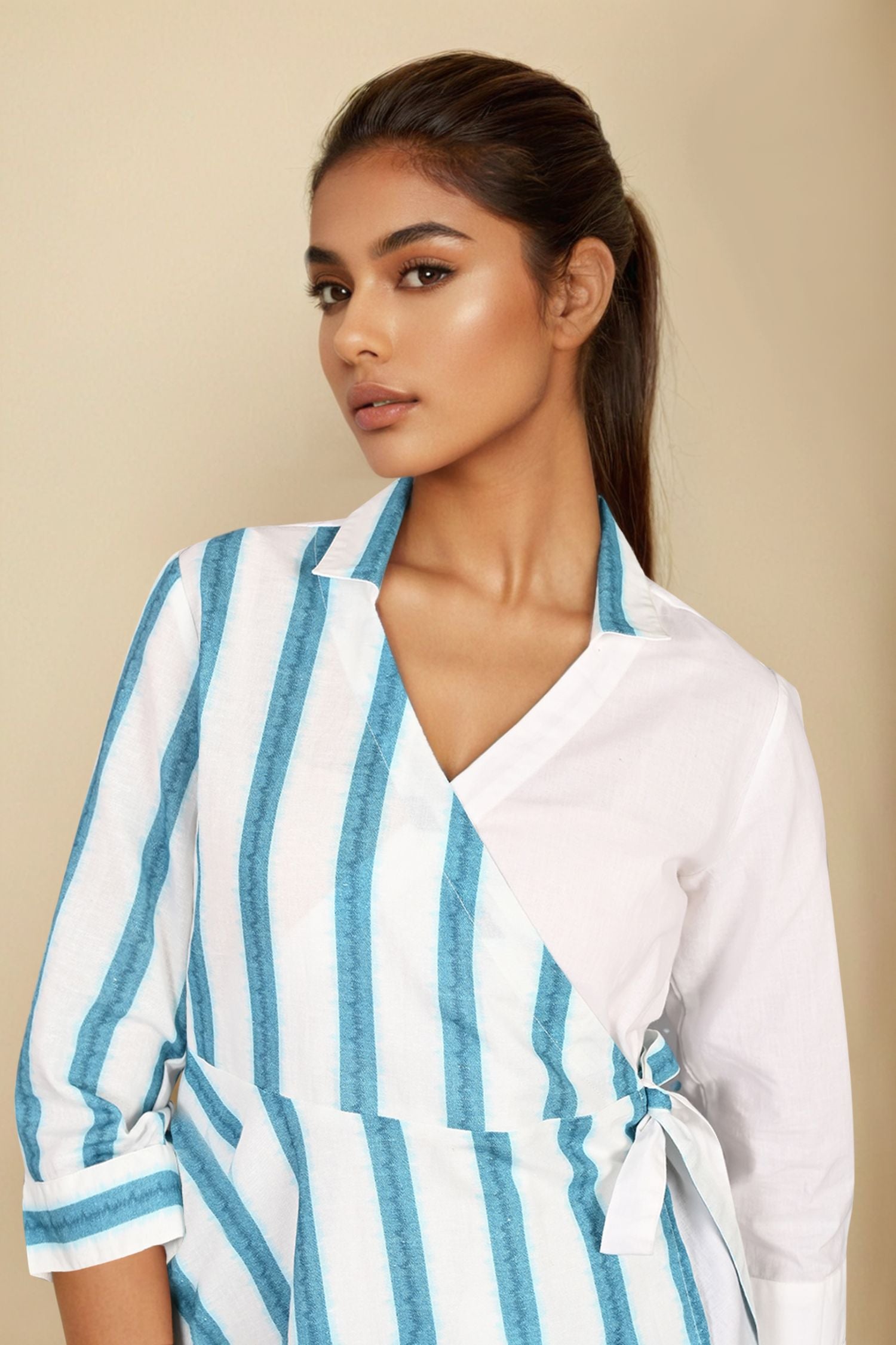 White Cotton Top with Classic Blue Striped Design
